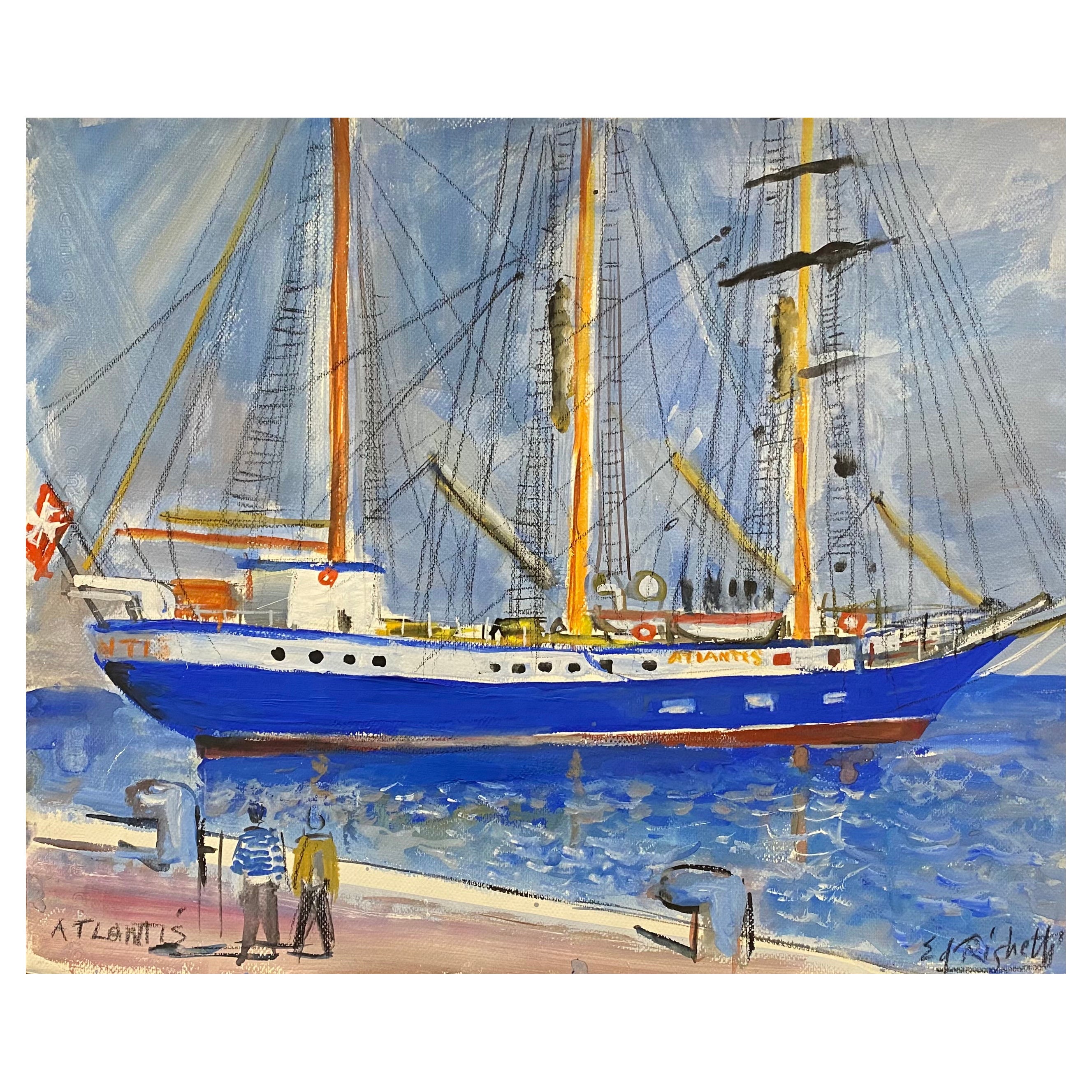 Peinture post-impressionniste française du milieu du siècle, paysage de Monaco « L'Atlantique » en vente