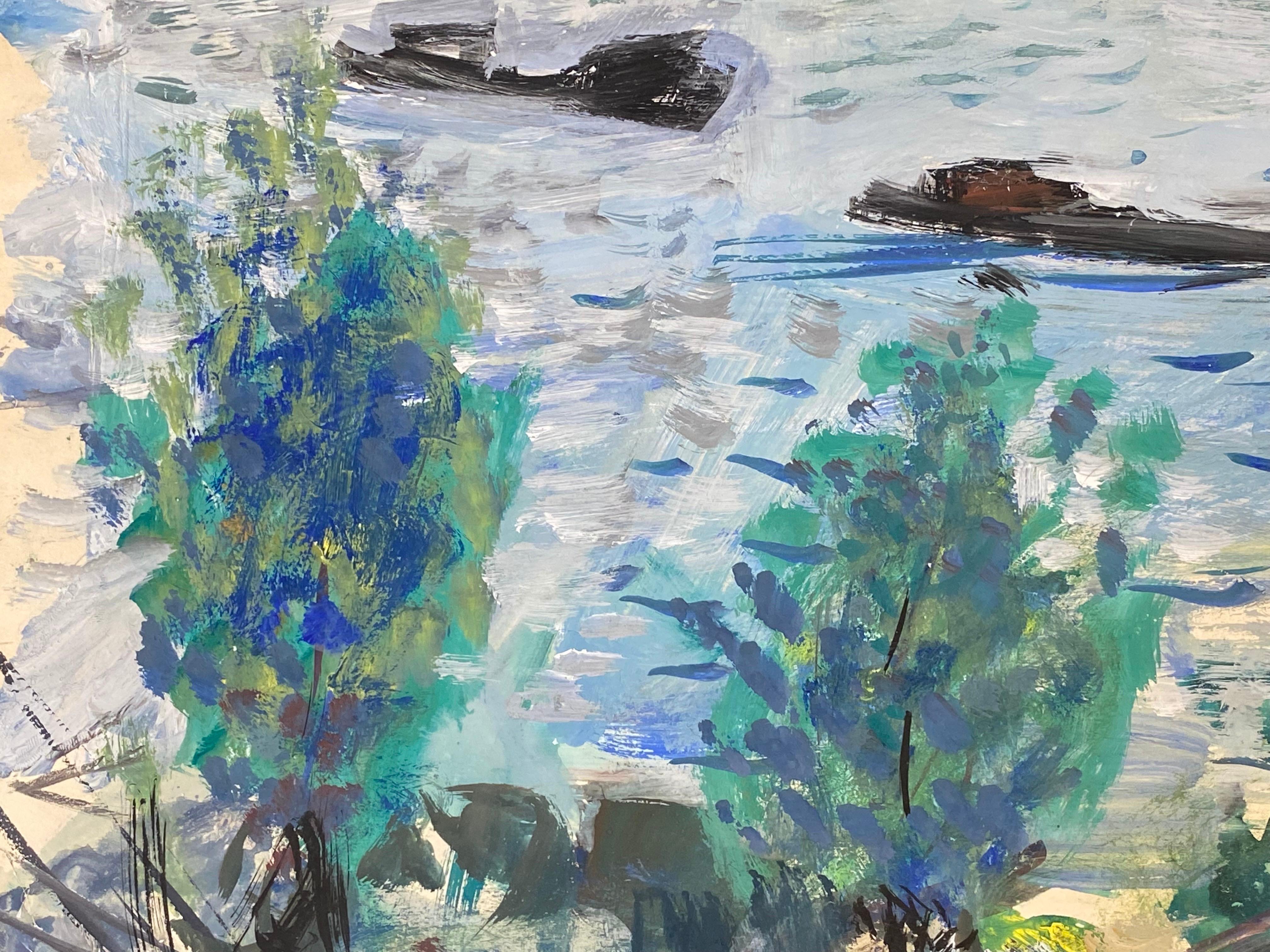 Französisches postimpressionistisches Gemälde aus der Mitte des Jahrhunderts, lebhafte blaue und grüne Landschaft im Zustand „Gut“ im Angebot in Cirencester, GB