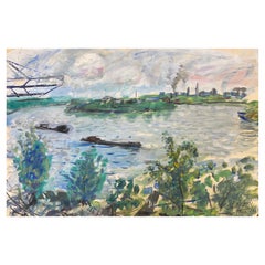 Französisches postimpressionistisches Gemälde aus der Mitte des Jahrhunderts, lebhafte blaue und grüne Landschaft