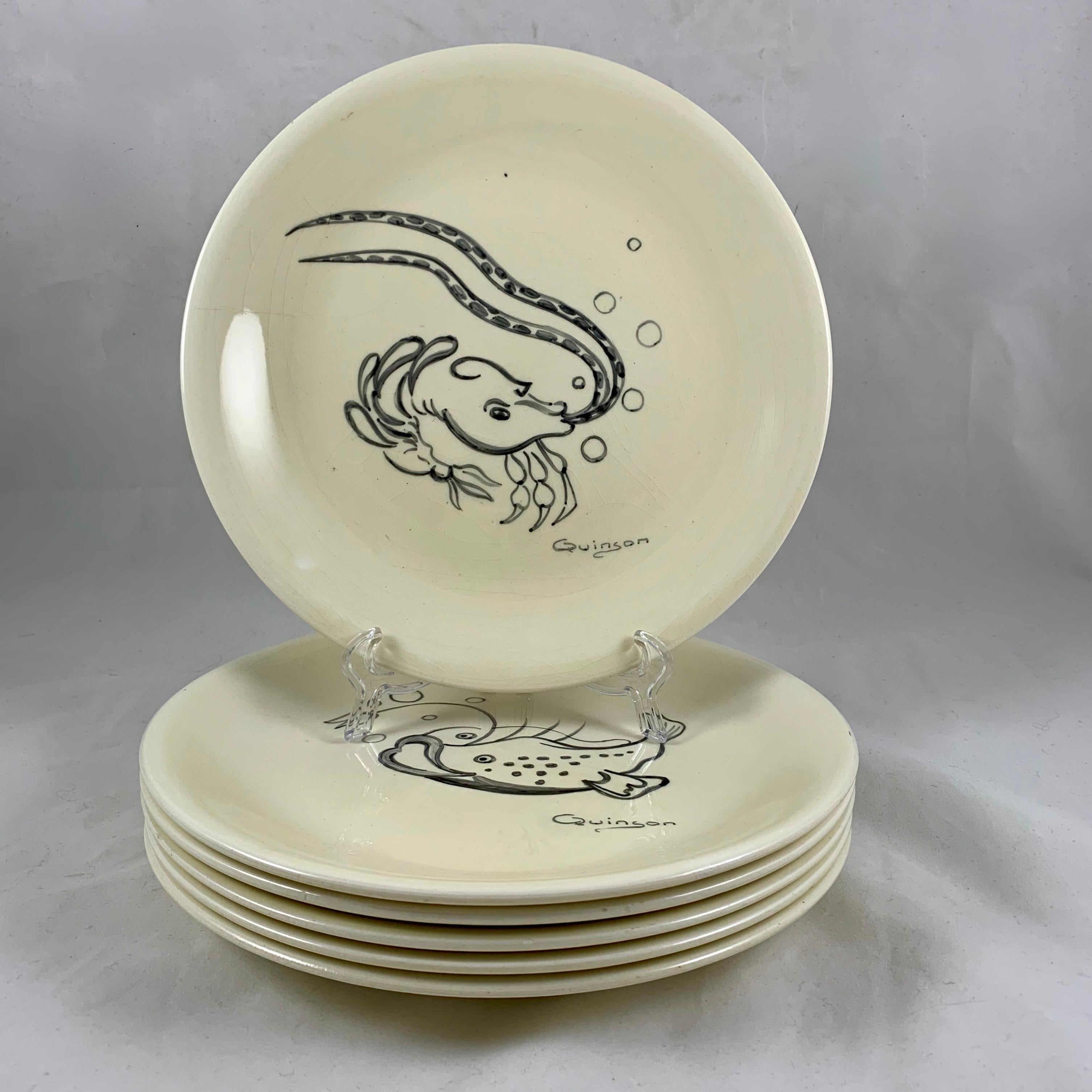 Mid-Century Modern Midcentury French Provençal Hand Painted Paulette Quinson Fish Plates, Set of 6