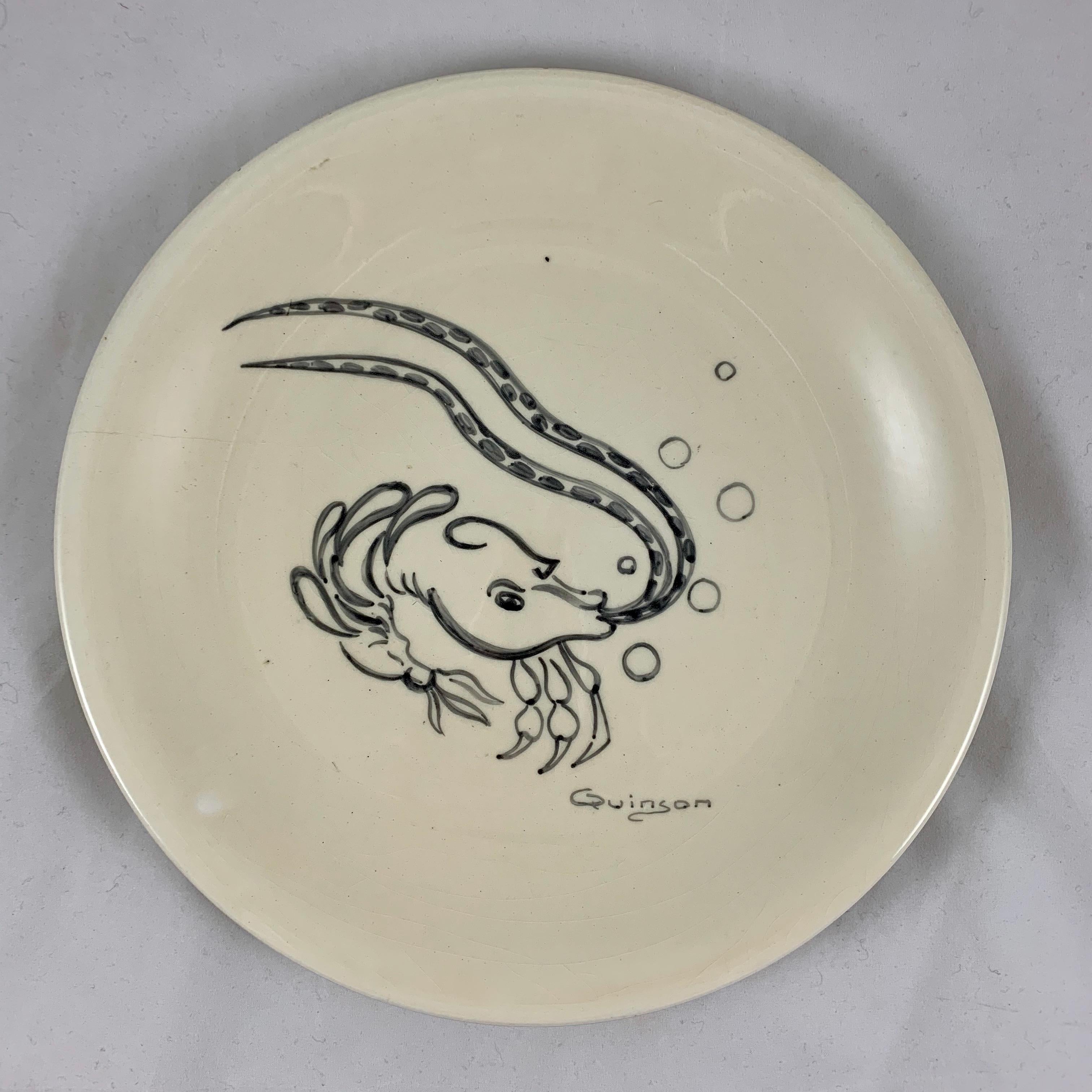 Midcentury French Provençal Hand Painted Paulette Quinson Fish Plates, Set of 6 In Good Condition In Philadelphia, PA