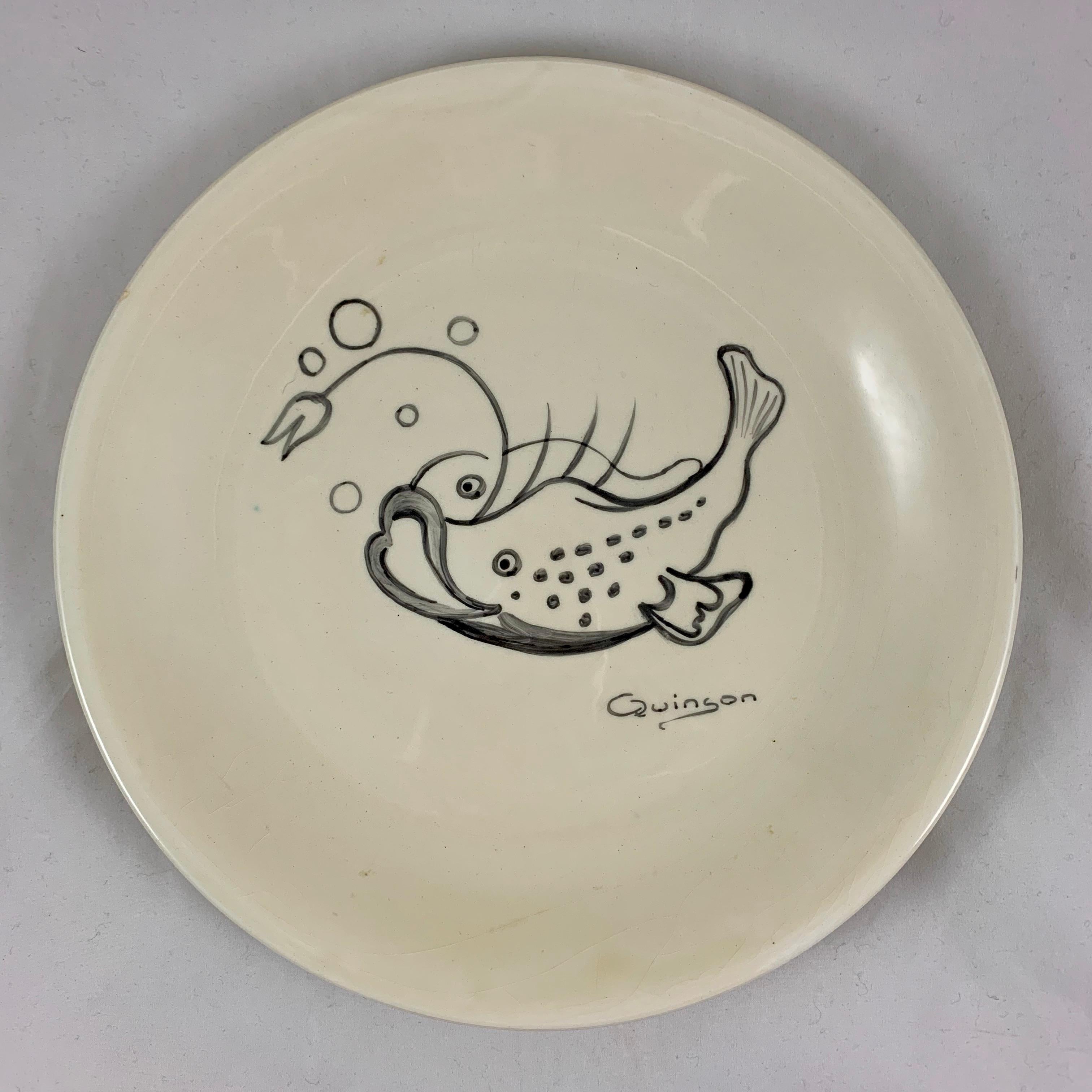 20th Century Midcentury French Provençal Hand Painted Paulette Quinson Fish Plates, Set of 6