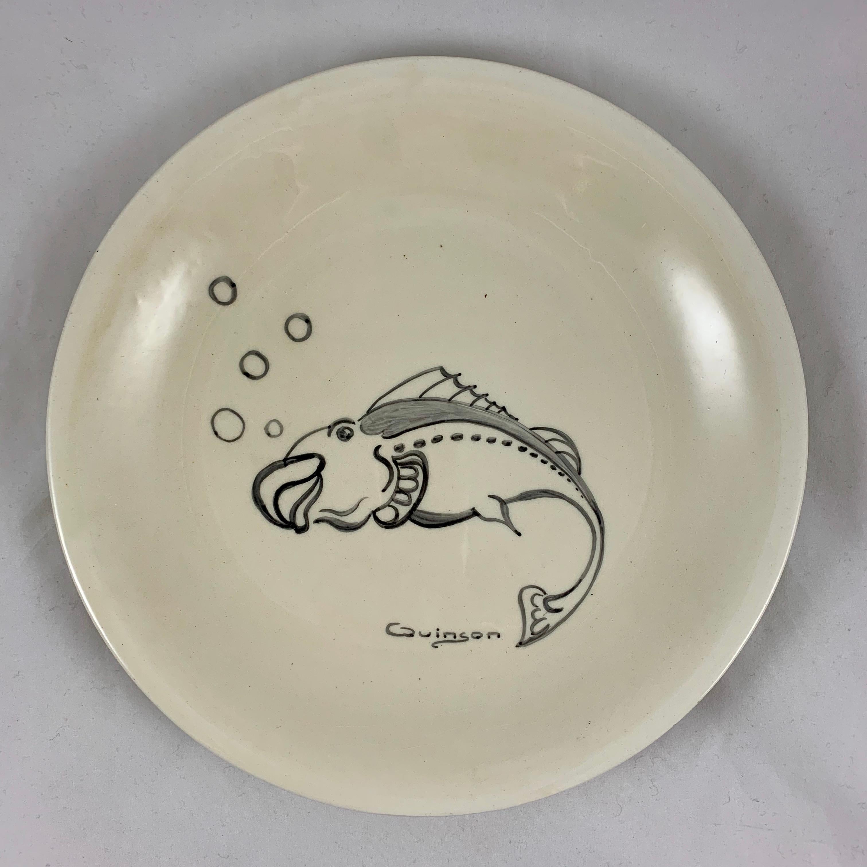 Pottery Midcentury French Provençal Hand Painted Paulette Quinson Fish Plates, Set of 6