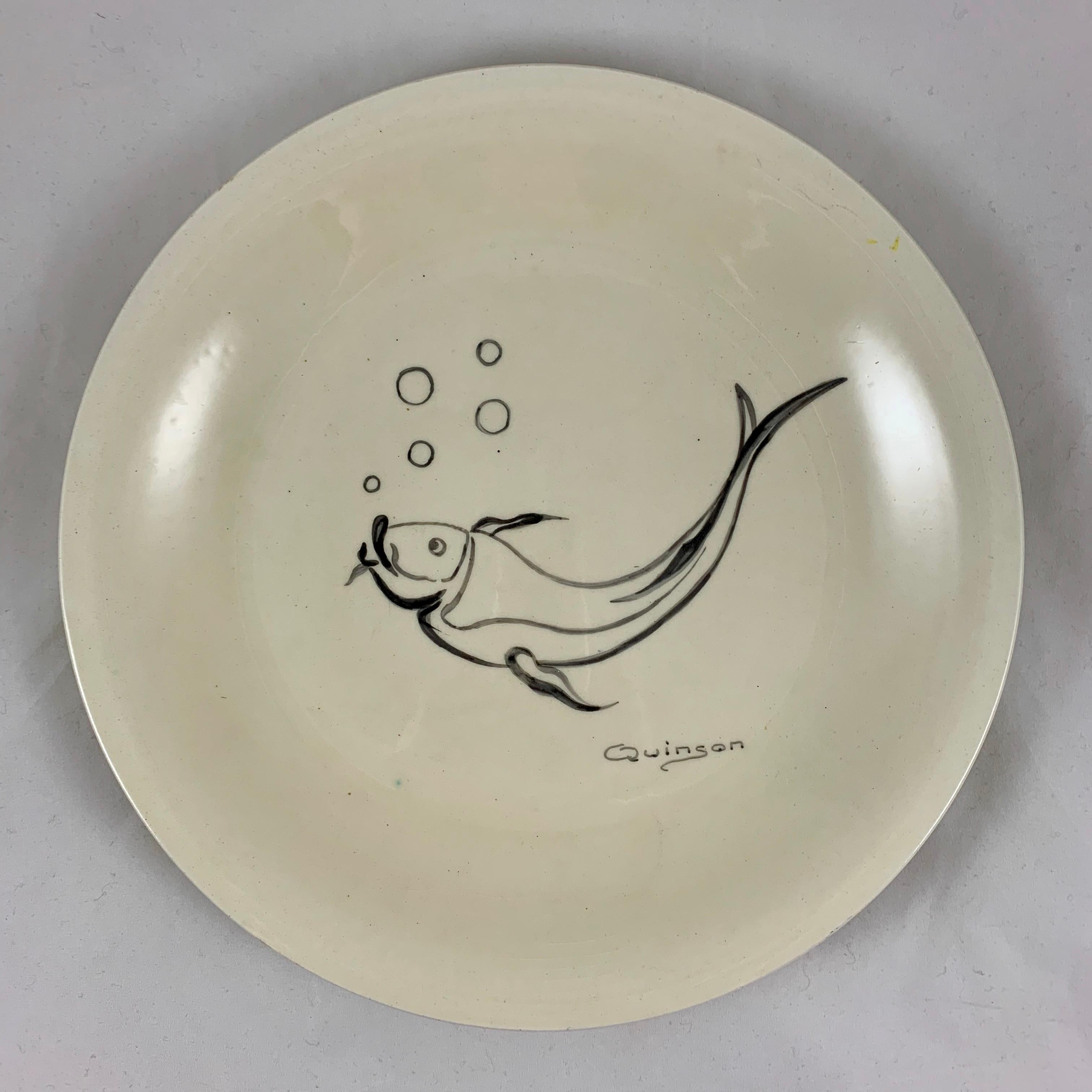 Midcentury French Provençal Hand Painted Paulette Quinson Fish Plates, Set of 6 1