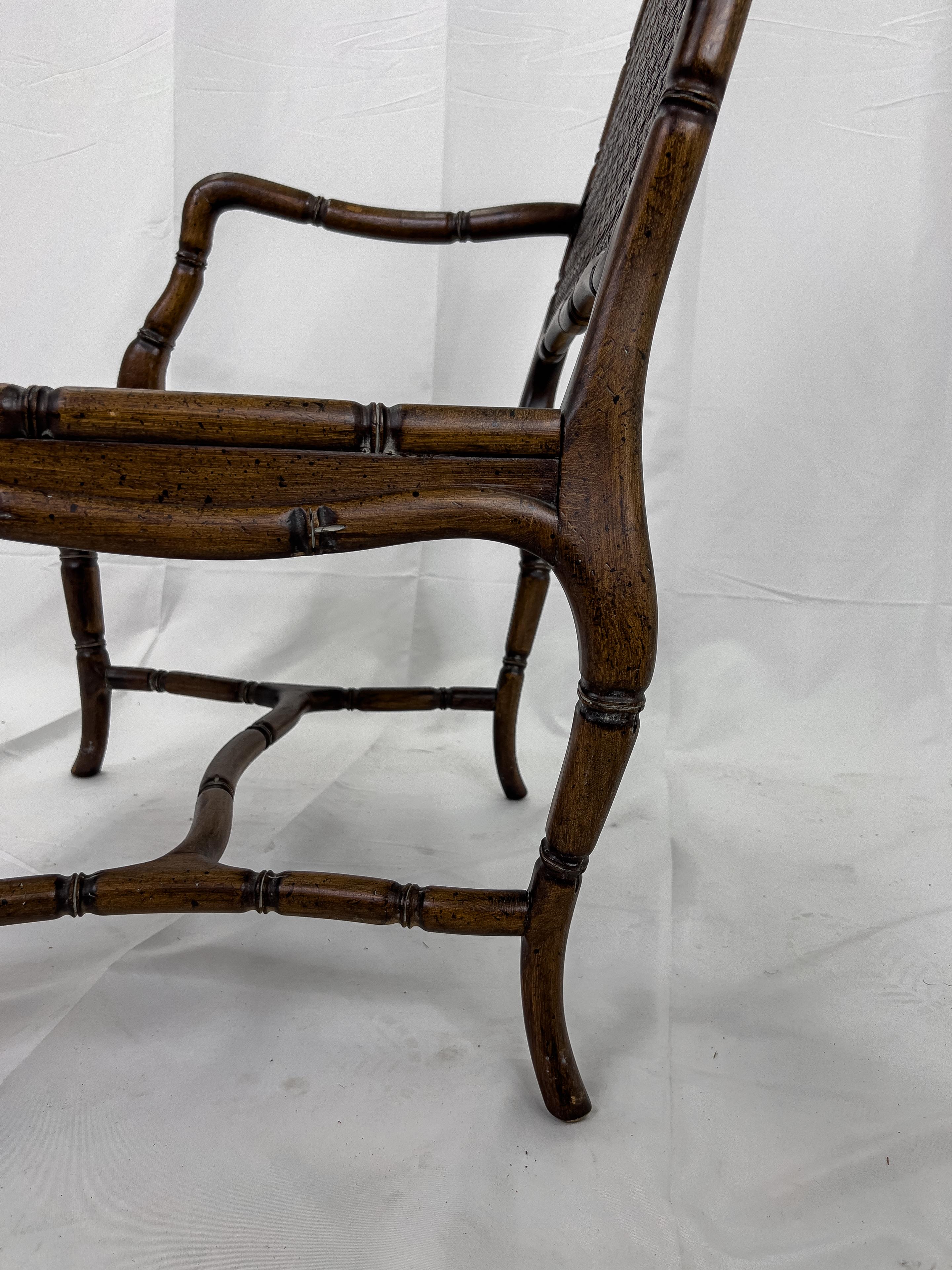 Mid Century French Provincial Country Cane Faux Bamboo Wood Armchairs, a Pair For Sale 10