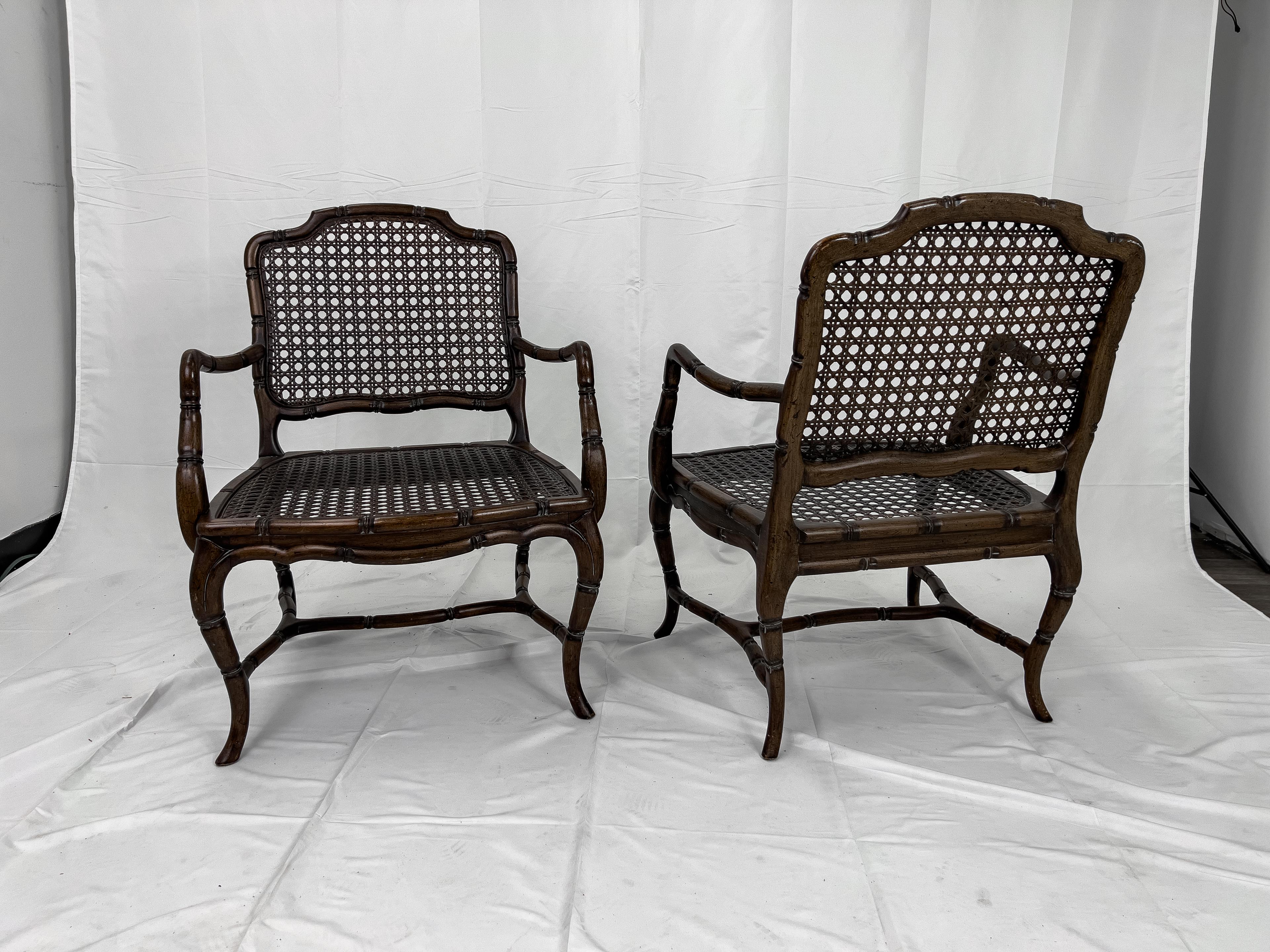 Mid Century French Provincial Country Cane Faux Bamboo Wood Armchairs, a Pair In Good Condition For Sale In Houston, TX