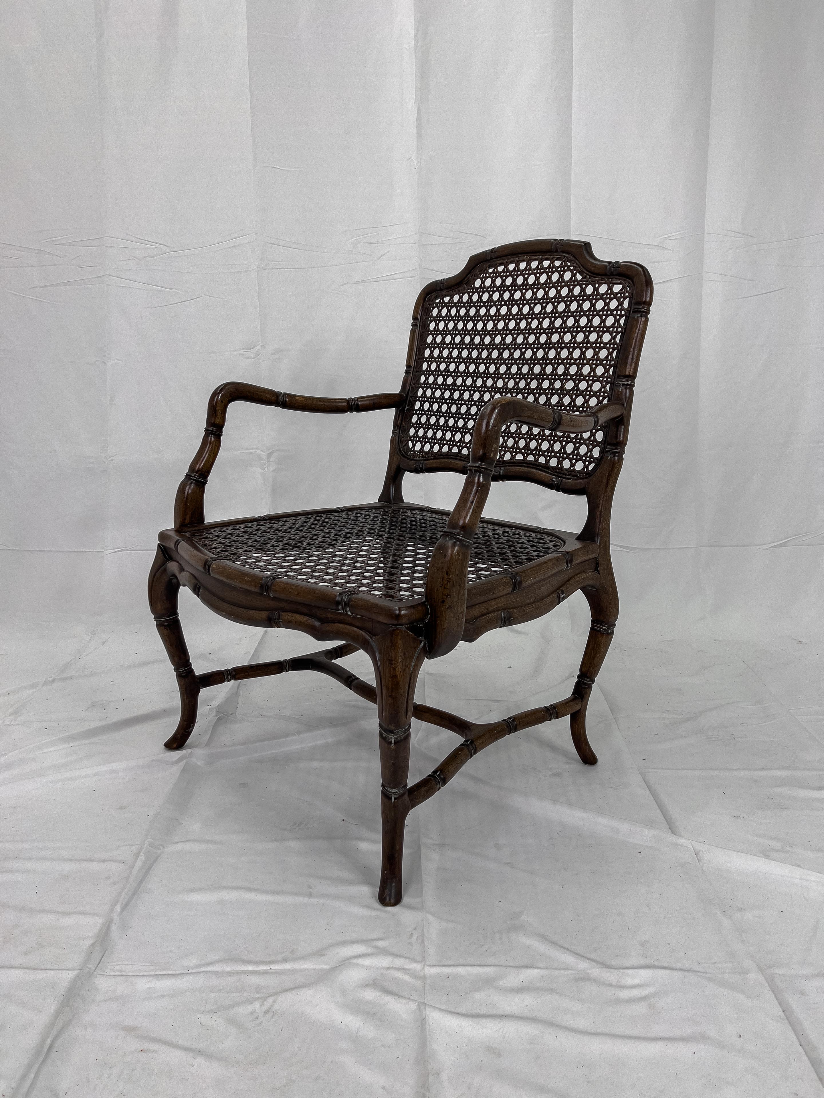 20th Century Mid Century French Provincial Country Cane Faux Bamboo Wood Armchairs, a Pair For Sale