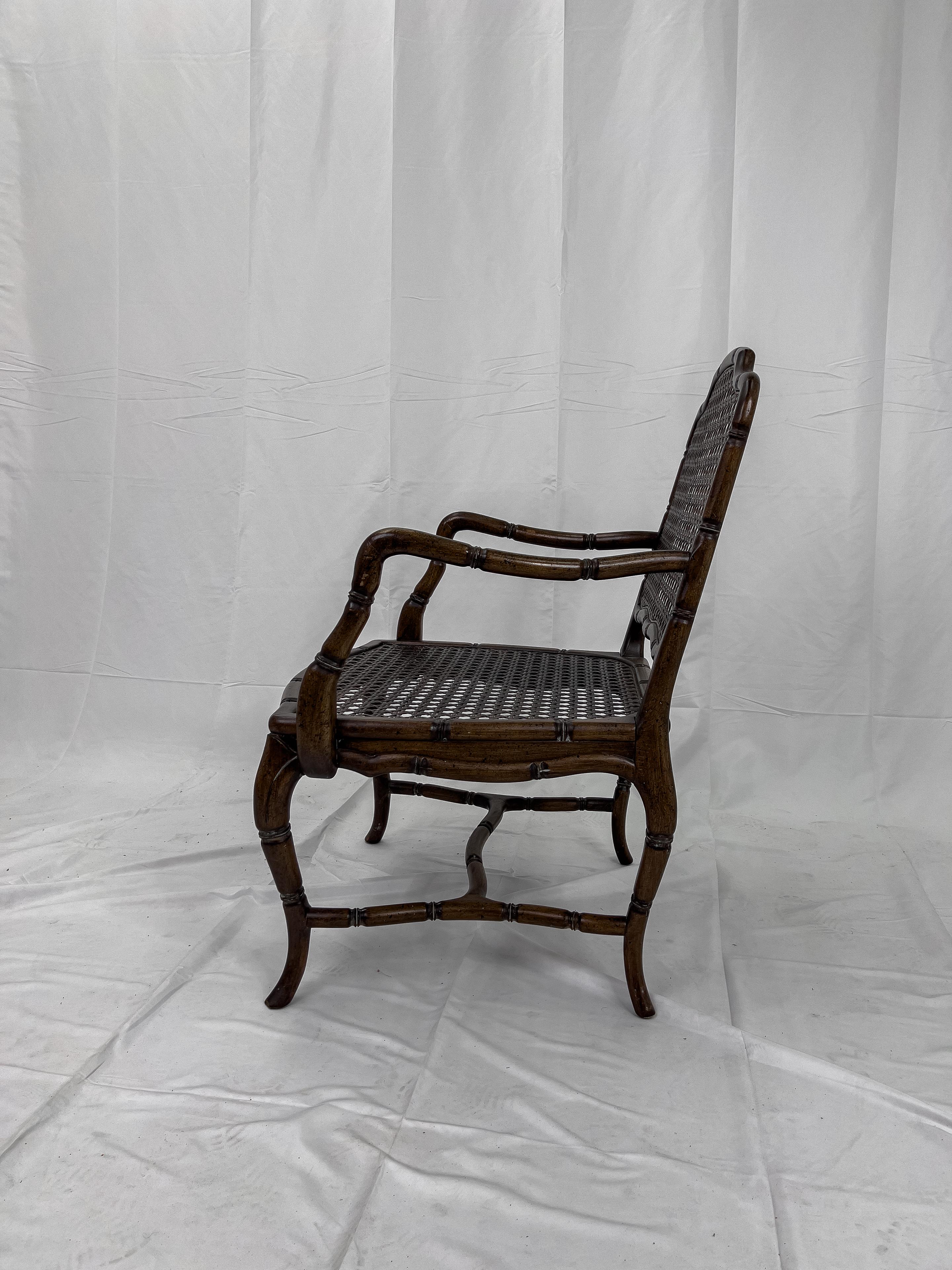 Mid Century French Provincial Country Cane Faux Bamboo Wood Armchairs, a Pair For Sale 1