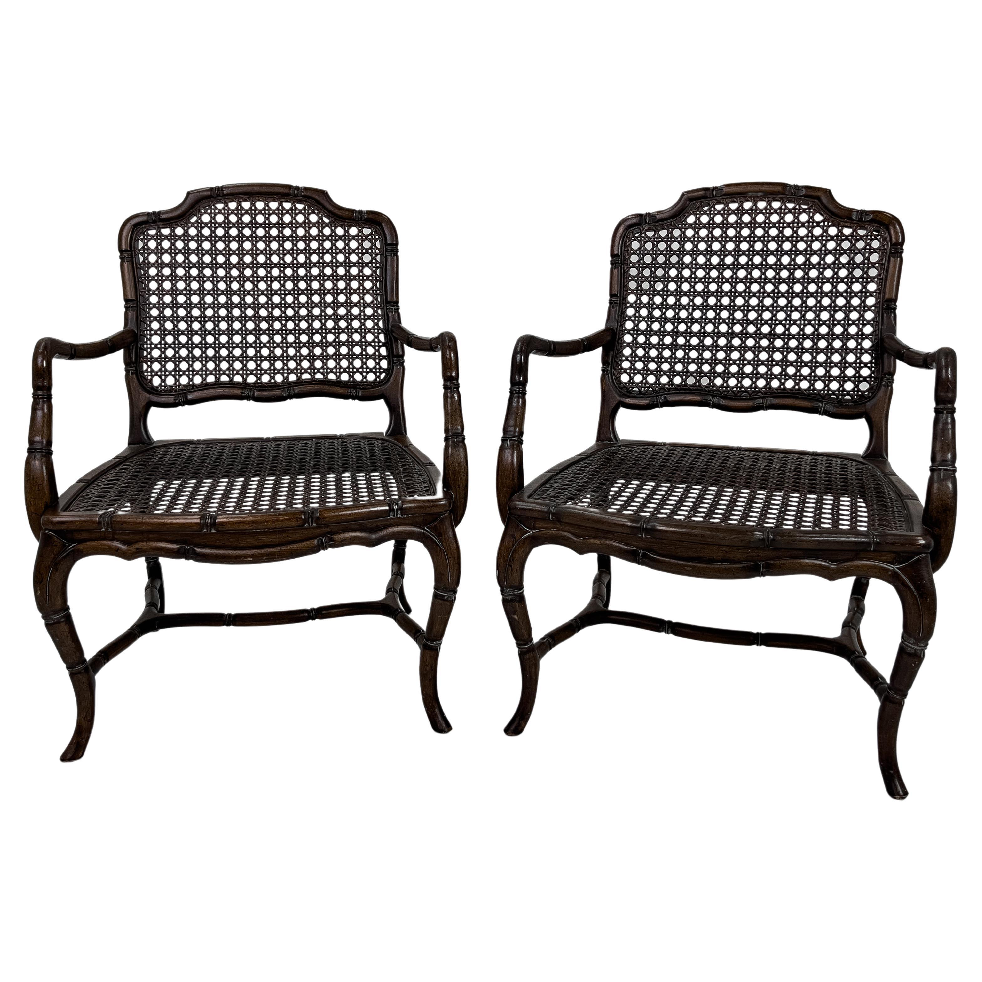 Mid Century French Provincial Country Cane Faux Bamboo Wood Armchairs, a Pair For Sale