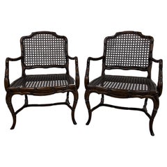 Mid Century French Provincial Country Cane Faux Bamboo Wood Armchairs, a Pair