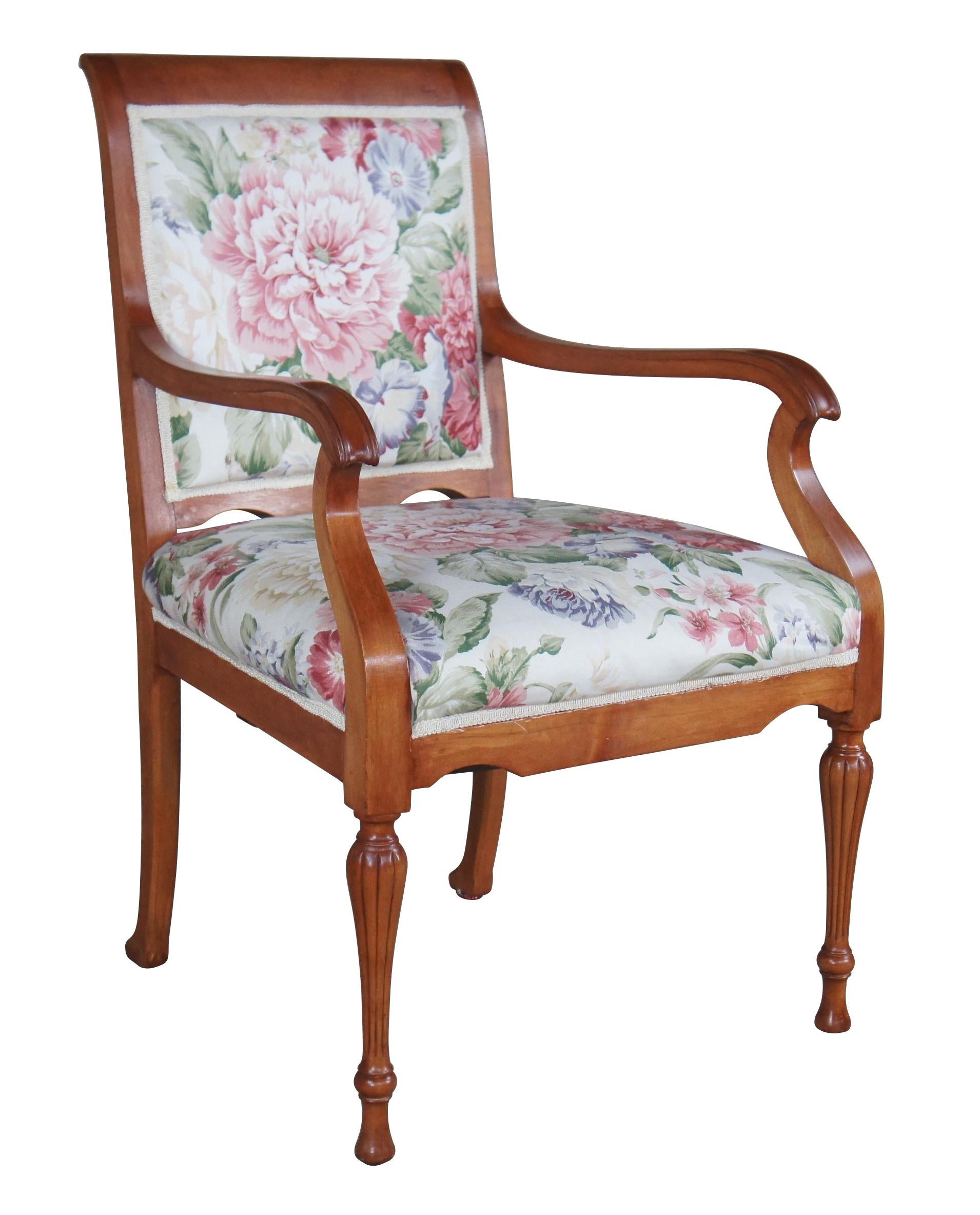20th Century Mid Century French Provincial Mahogany Floral Upholstered Twin Beds & Arm Chair  For Sale