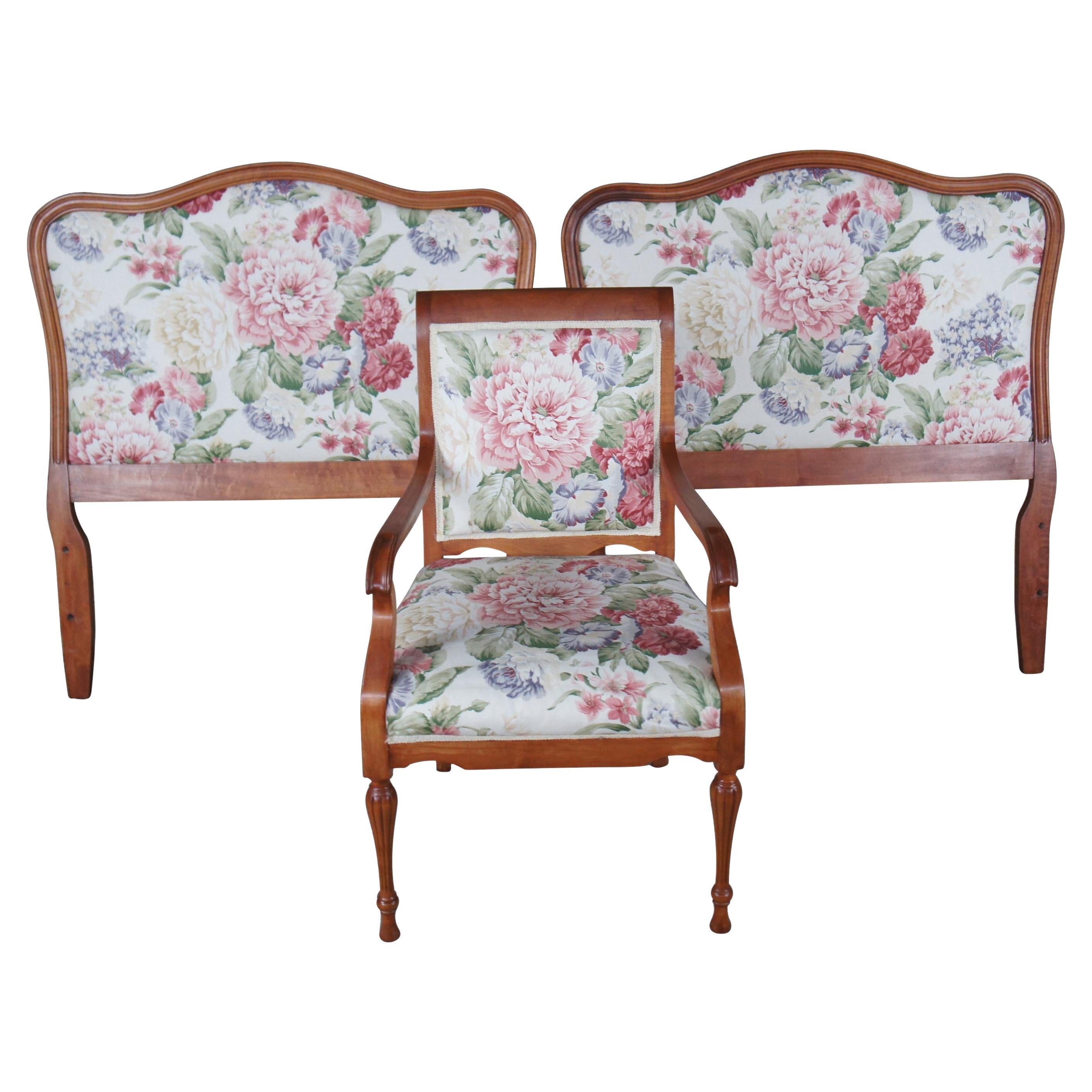 Mid Century French Provincial Mahogany Floral Upholstered Twin Beds & Arm Chair  For Sale
