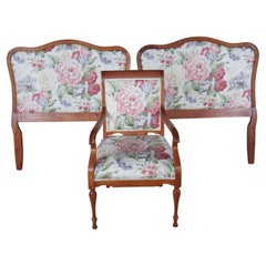 Mid Century French Provincial Mahogany Floral Upholstered Twin Beds & Arm Chair 