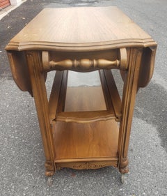 Mid-Century French Provincial Oak Drop-Leaf Three Tier Rolling Bar Cart