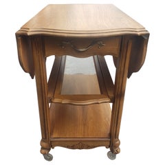 Mid-Century French Provincial Oak Drop-Leaf Three Tier Rolling Bar Cart