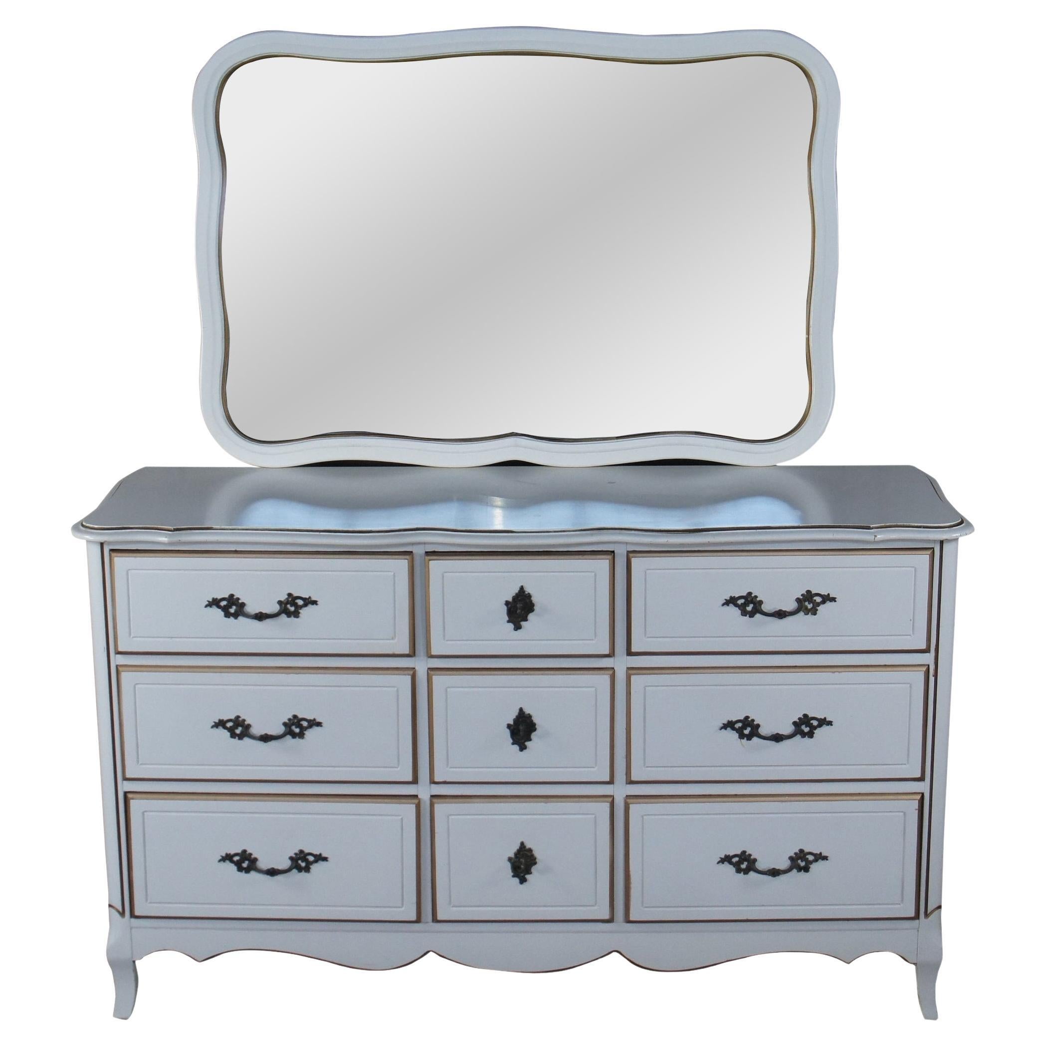Mid Century French Provincial Serpentine Dresser Chest of Drawers w Mirror 58"