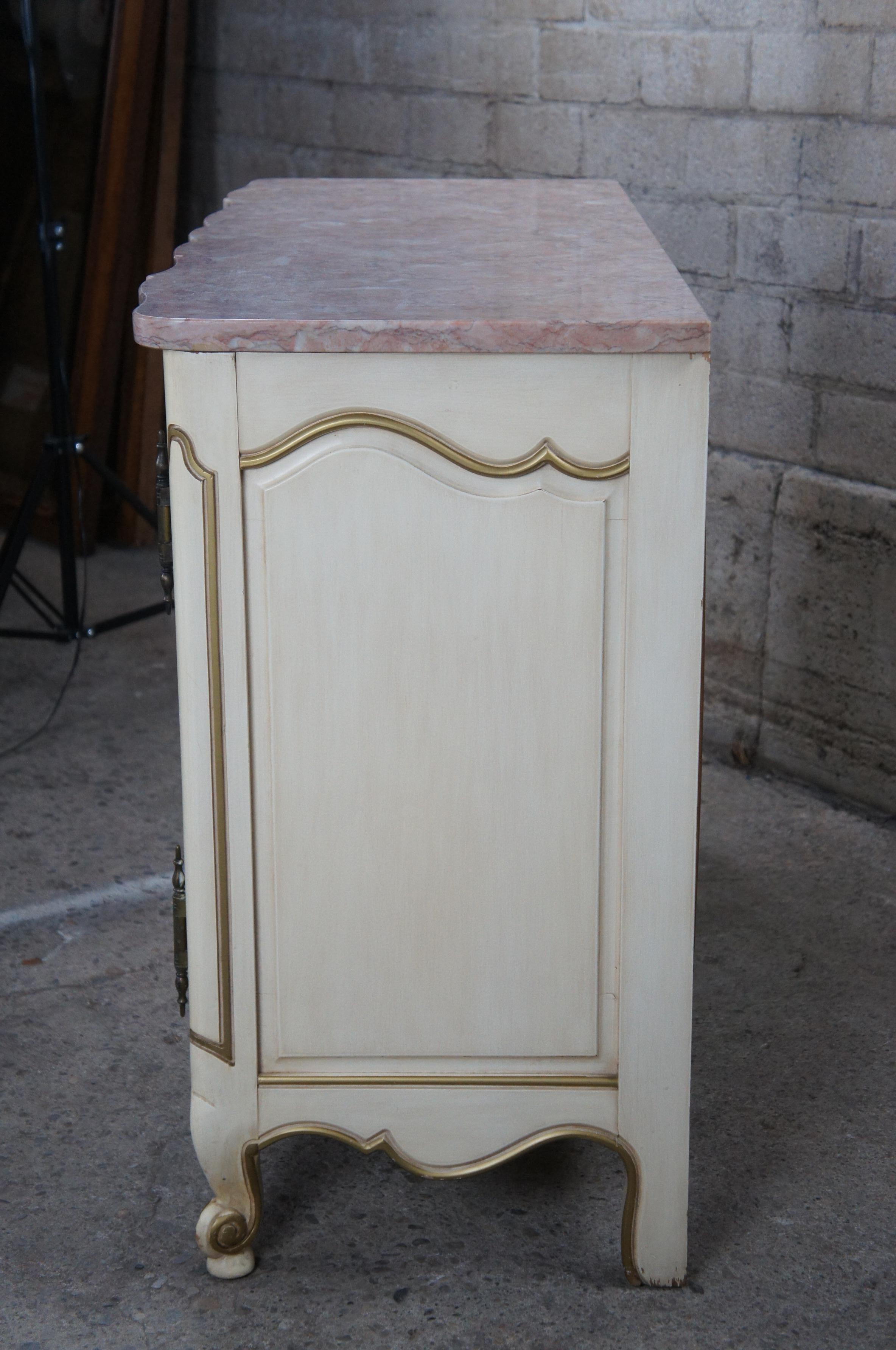 Mid-Century French Provincial Serpentine Pink Marble Top Console Cabinet Rattan For Sale 3