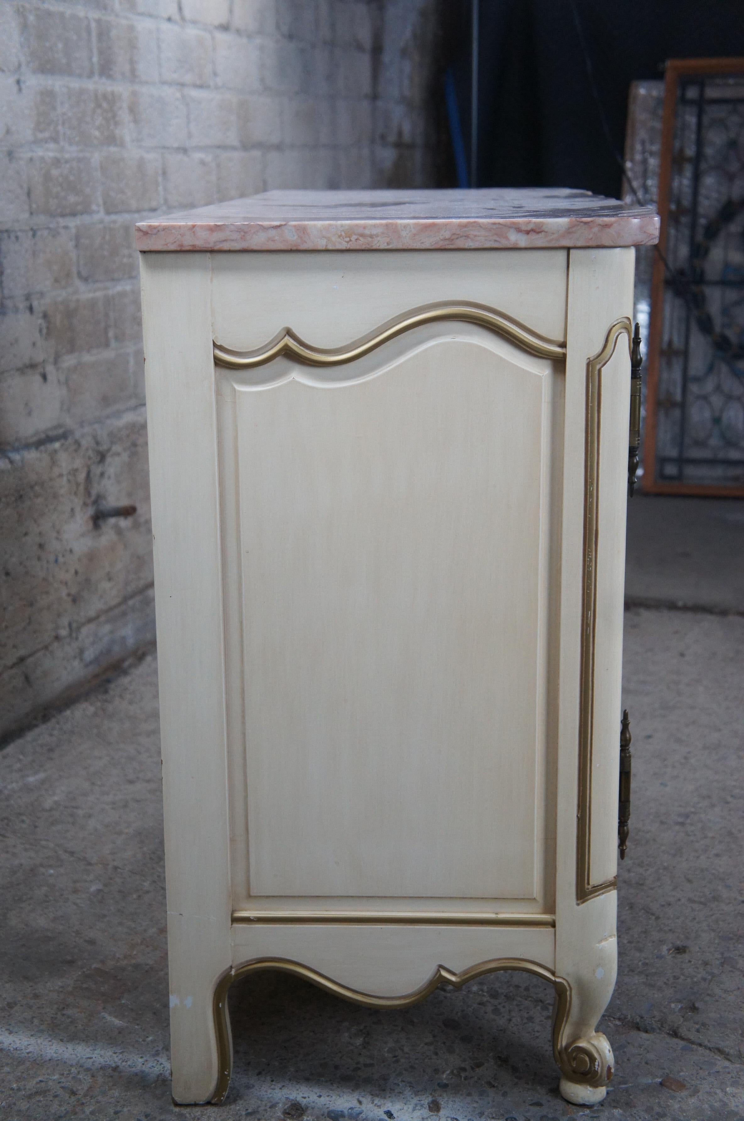 Mid-Century French Provincial Serpentine Pink Marble Top Console Cabinet Rattan For Sale 4