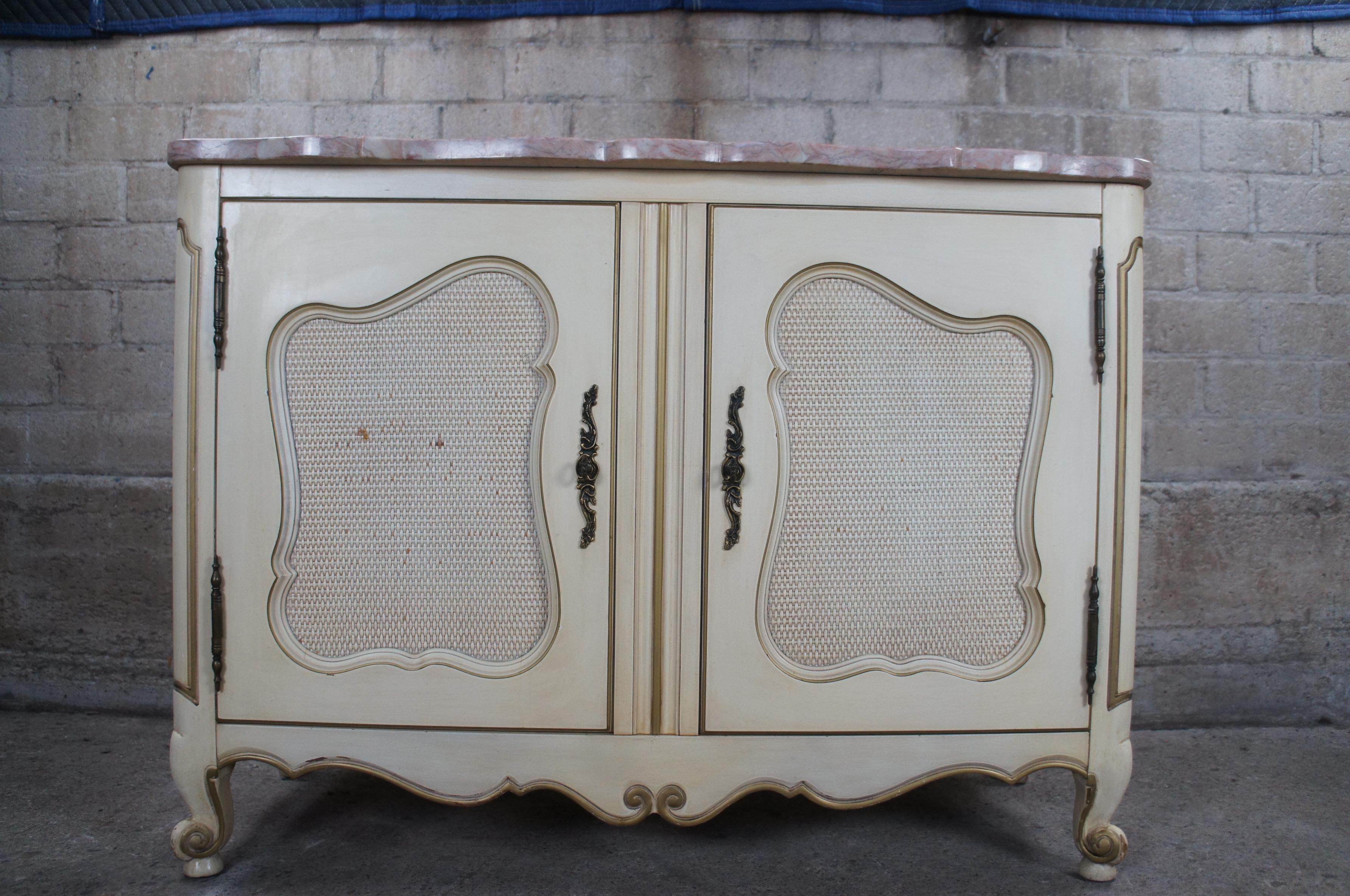 Mid-Century French Provincial Serpentine Pink Marble Top Console Cabinet Rattan In Good Condition For Sale In Dayton, OH