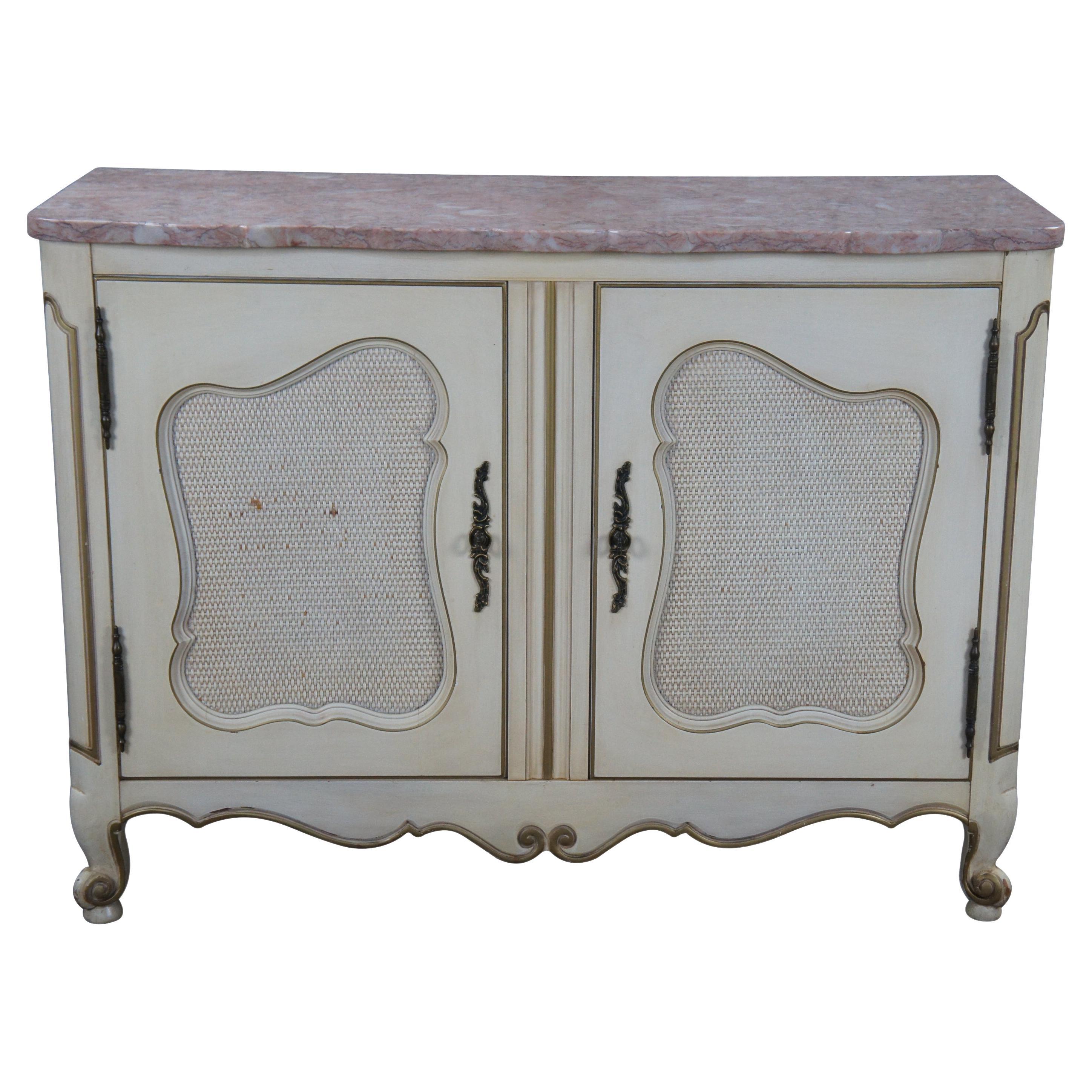 Mid-Century French Provincial Serpentine Pink Marble Top Console Cabinet Rattan For Sale