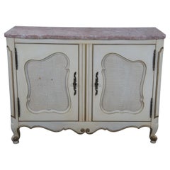 Mid-Century French Provincial Serpentine Pink Marble Top Console Cabinet Rattan