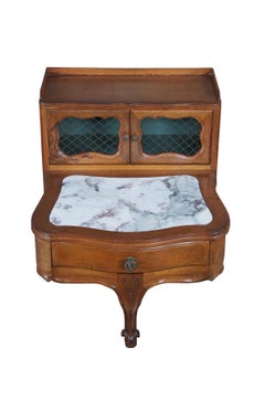 Mid Century French Provincial Serpentine Walnut Marble Lattice Tiered Step Table