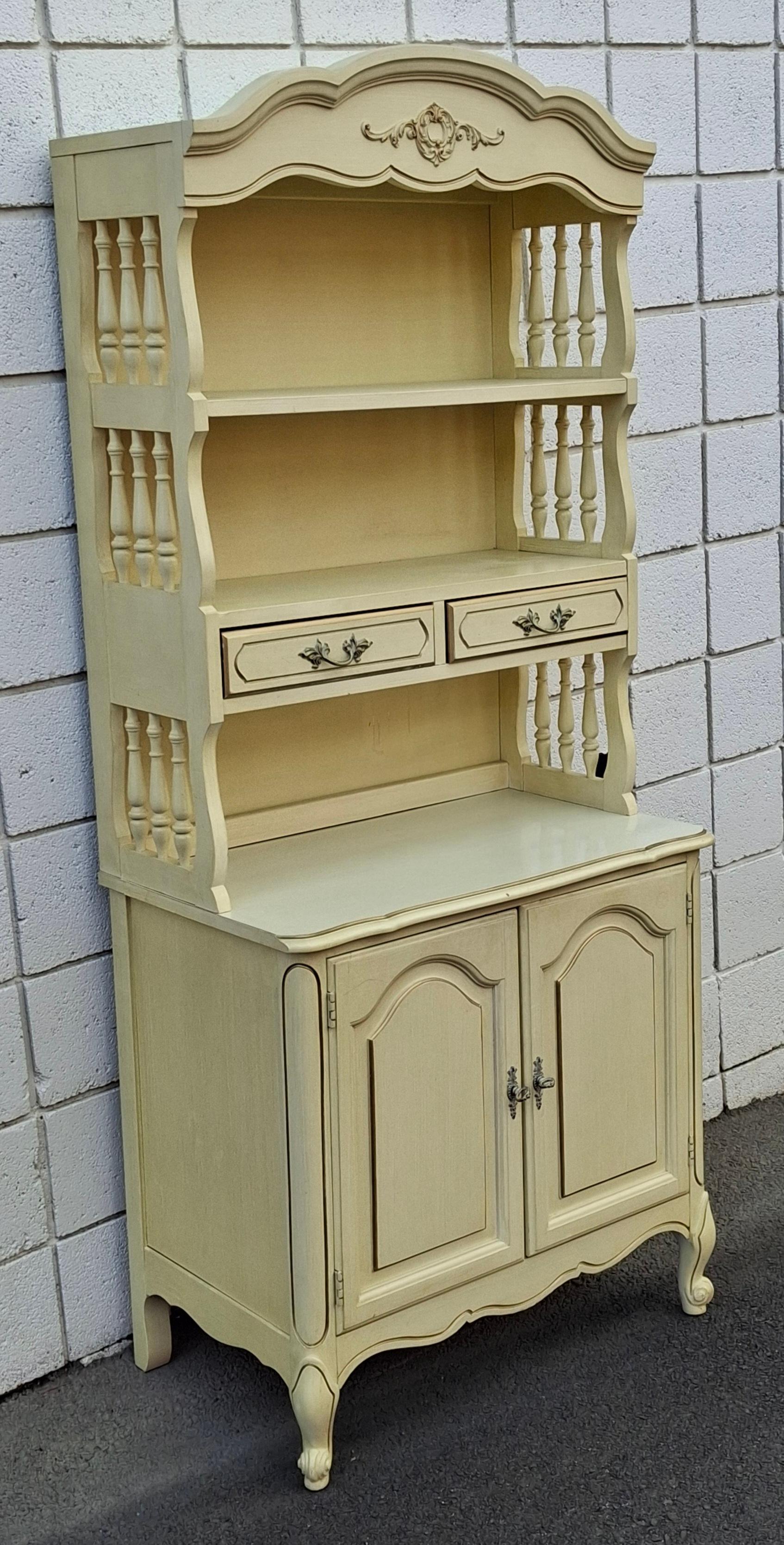 Mid Century French Provincial Style Cream Painted & Partial Gilt 2-Part Bookcase For Sale 9