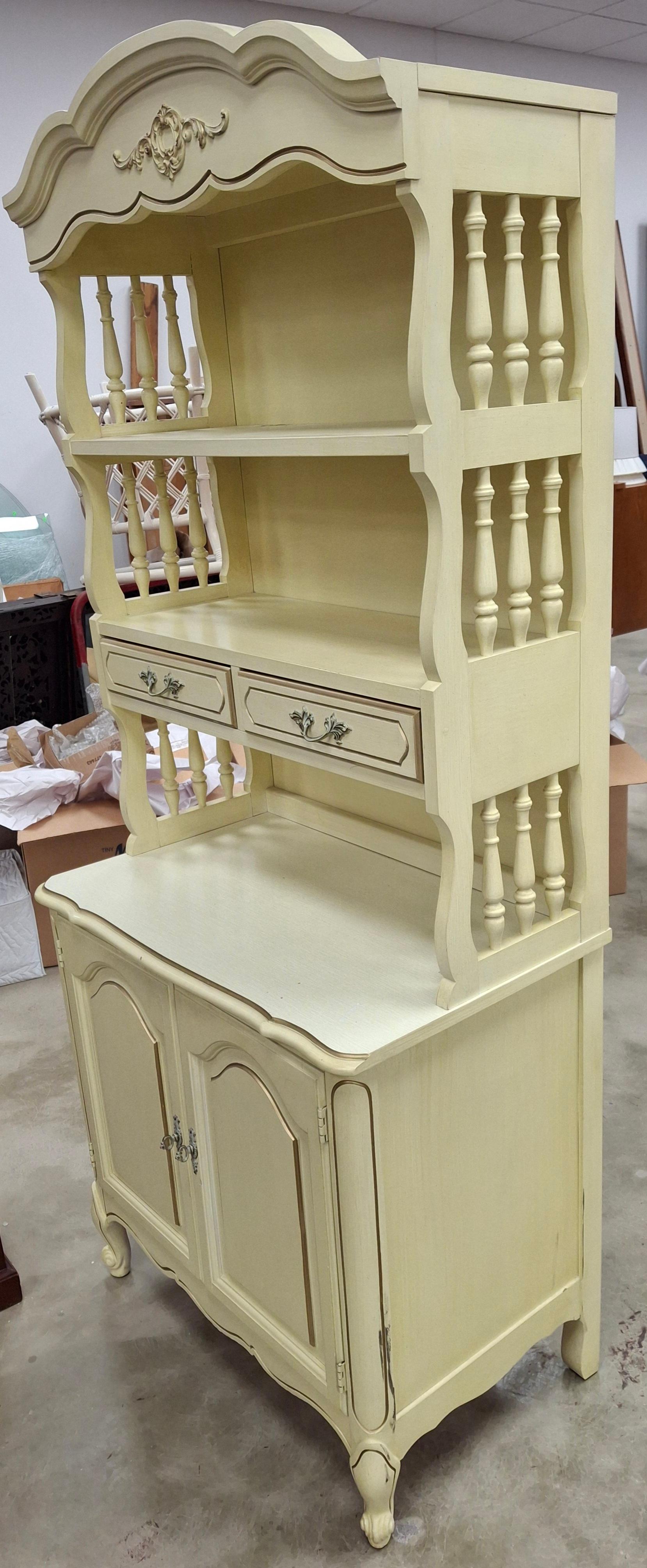 American Mid Century French Provincial Style Cream Painted & Partial Gilt 2-Part Bookcase For Sale