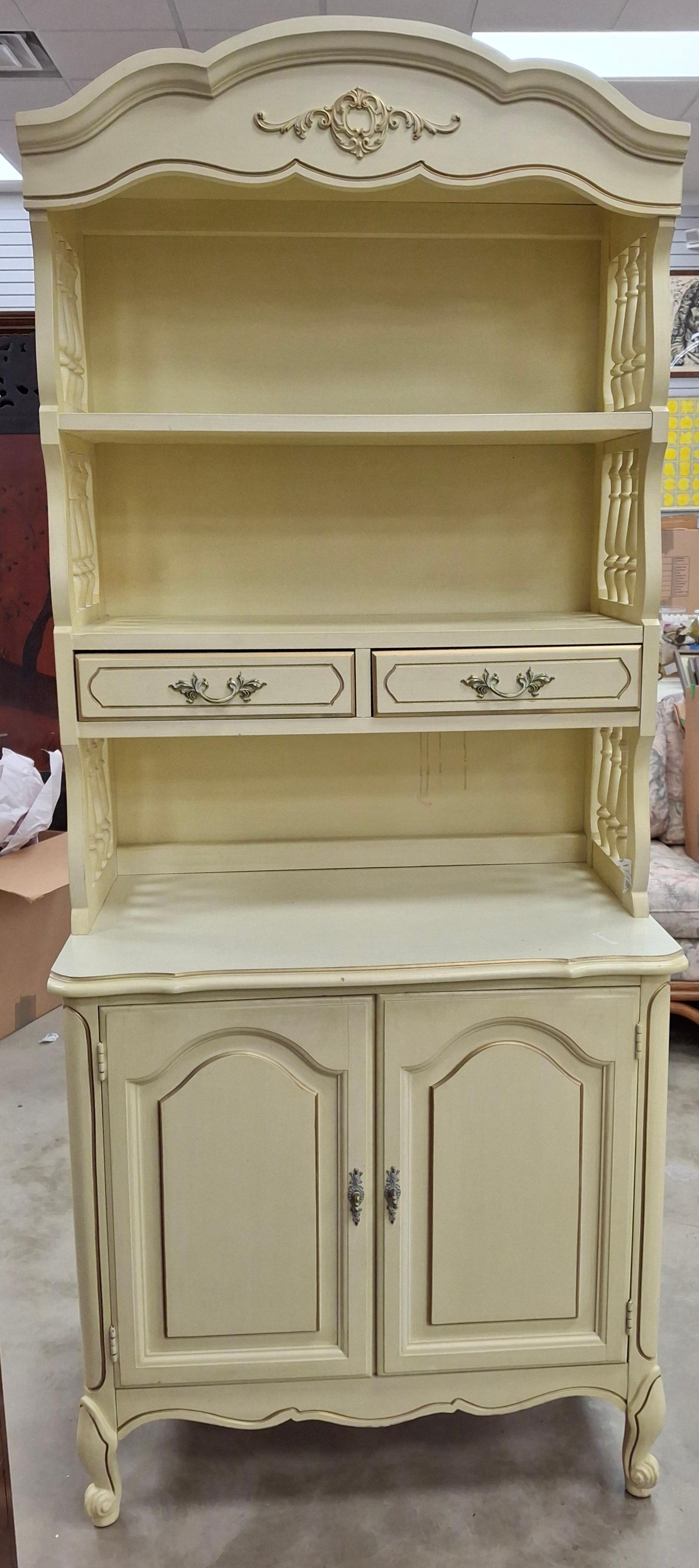 Carved Mid Century French Provincial Style Cream Painted & Partial Gilt 2-Part Bookcase For Sale