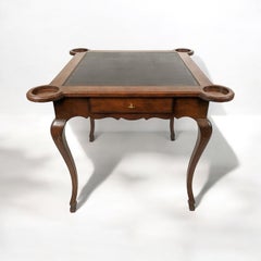 Mid-Century French Provincial Style Hand Hewn Walnut Game Table W/ Leather Top