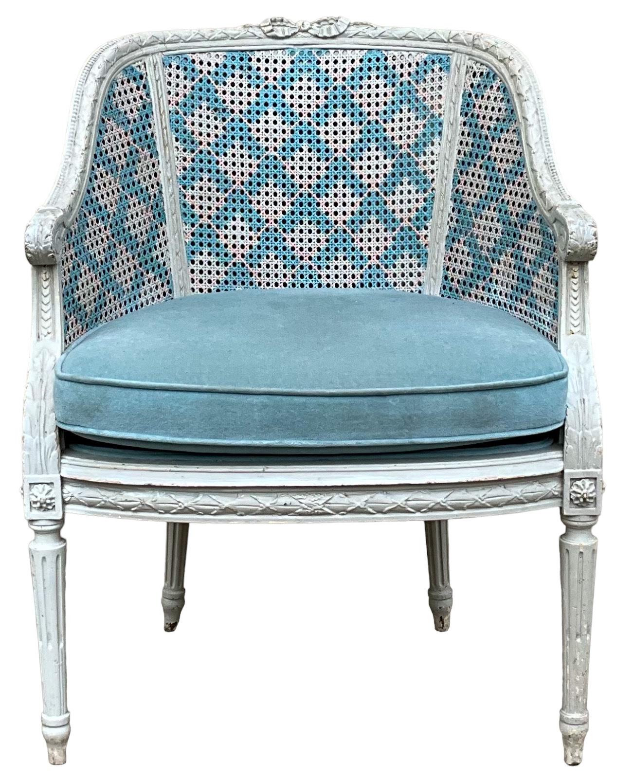 20th Century Mid-Century French Provincial Style Hand Painted Blue / White / Pink Caned Chair For Sale