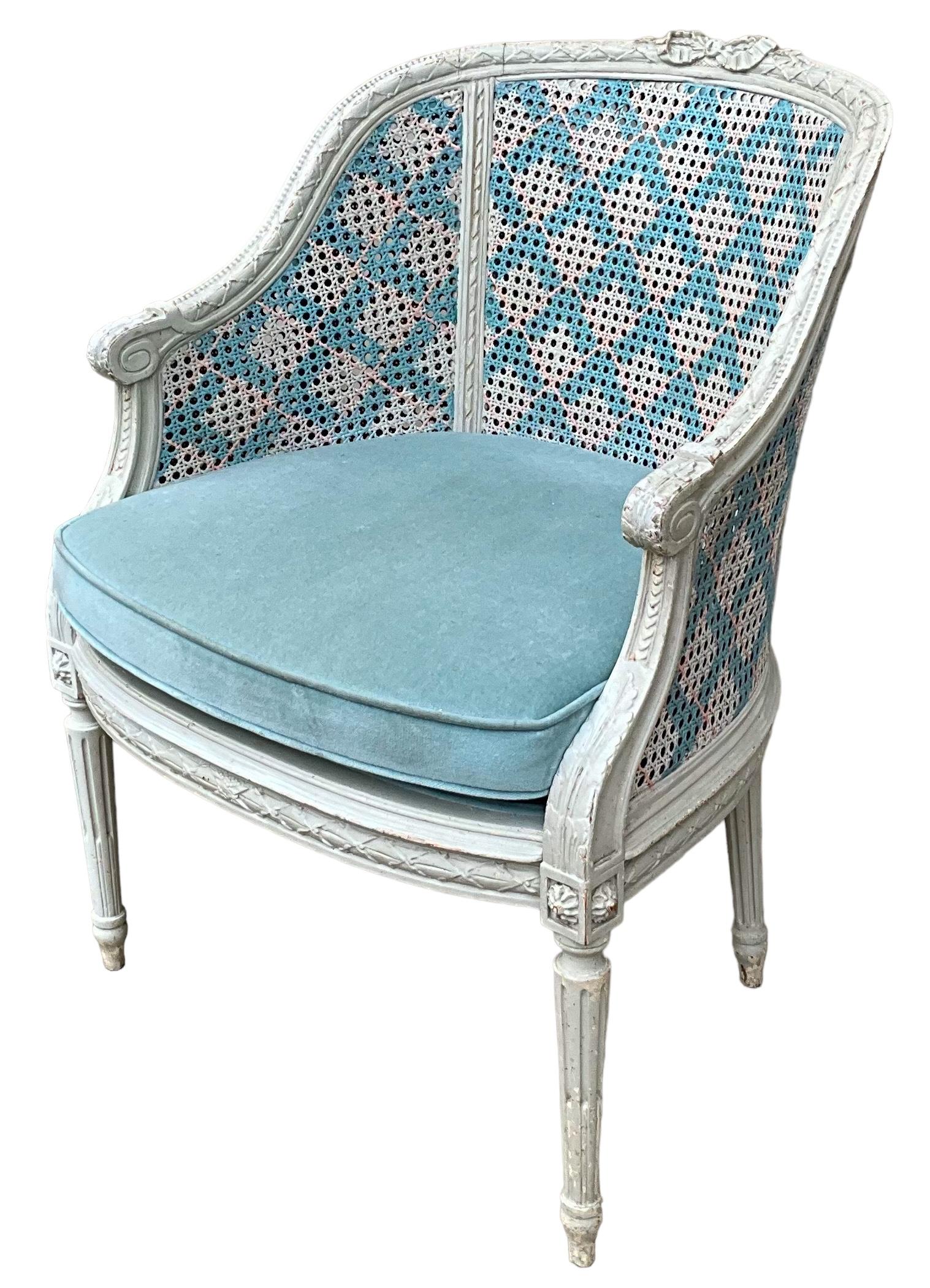 Mid-Century French Provincial Style Hand Painted Blue / White / Pink Caned Chair For Sale 1