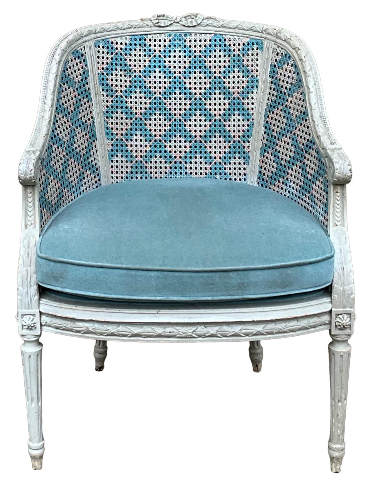 Mid-Century French Provincial Style Hand Painted Blue / White / Pink Caned Chair For Sale 2