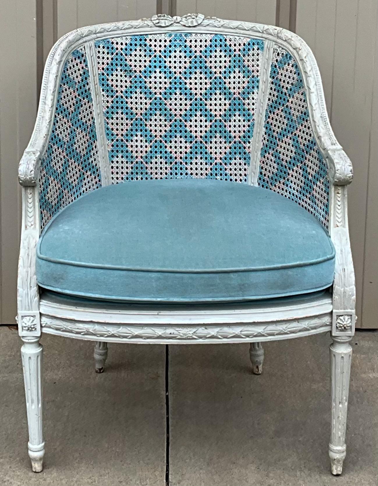 Mid-Century French Provincial Style Hand Painted Blue / White / Pink Caned Chair For Sale 3