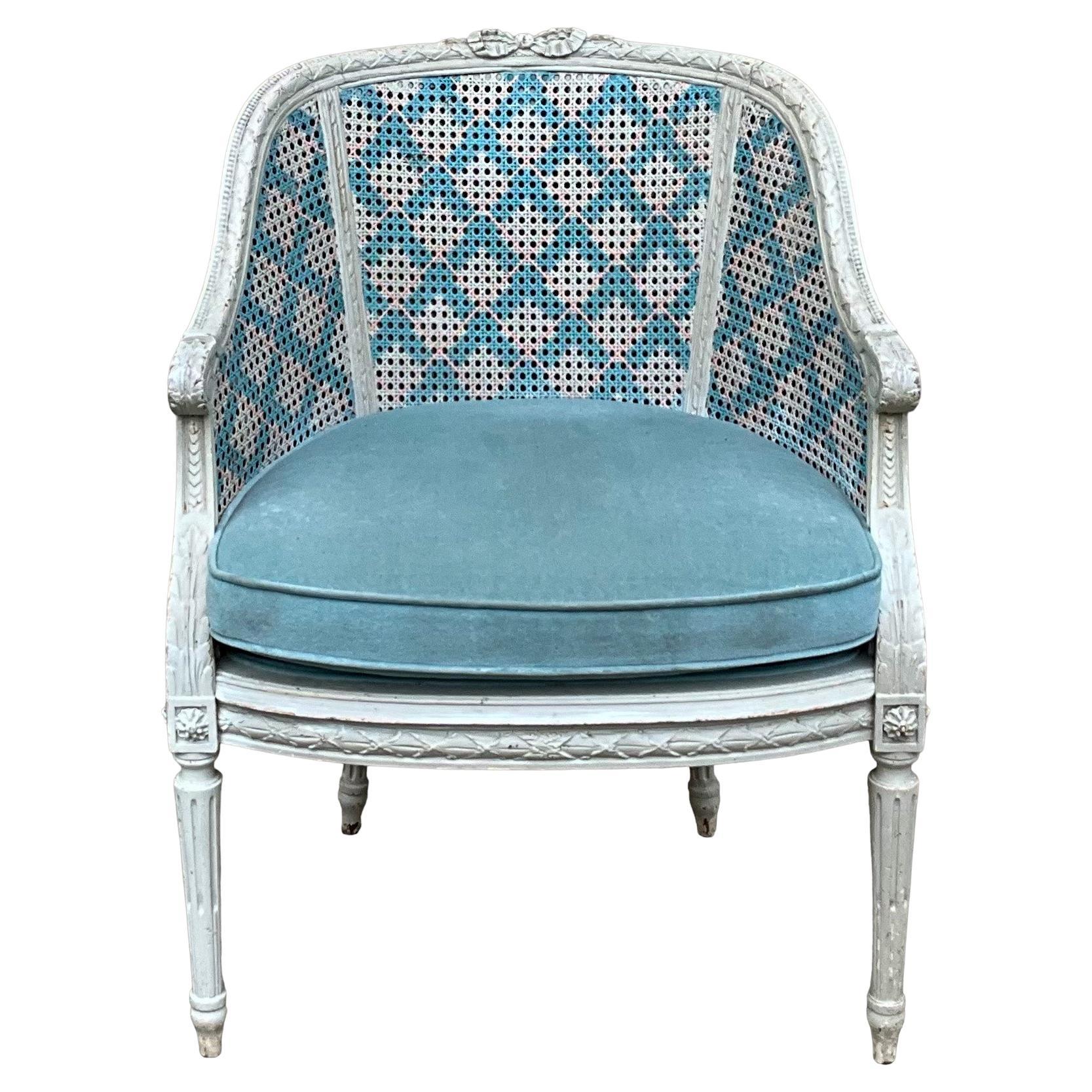 Mid-Century French Provincial Style Hand Painted Blue / White / Pink Caned Chair For Sale
