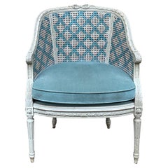 Mid-Century French Provincial Style Hand Painted Blue / White / Pink Caned Chair