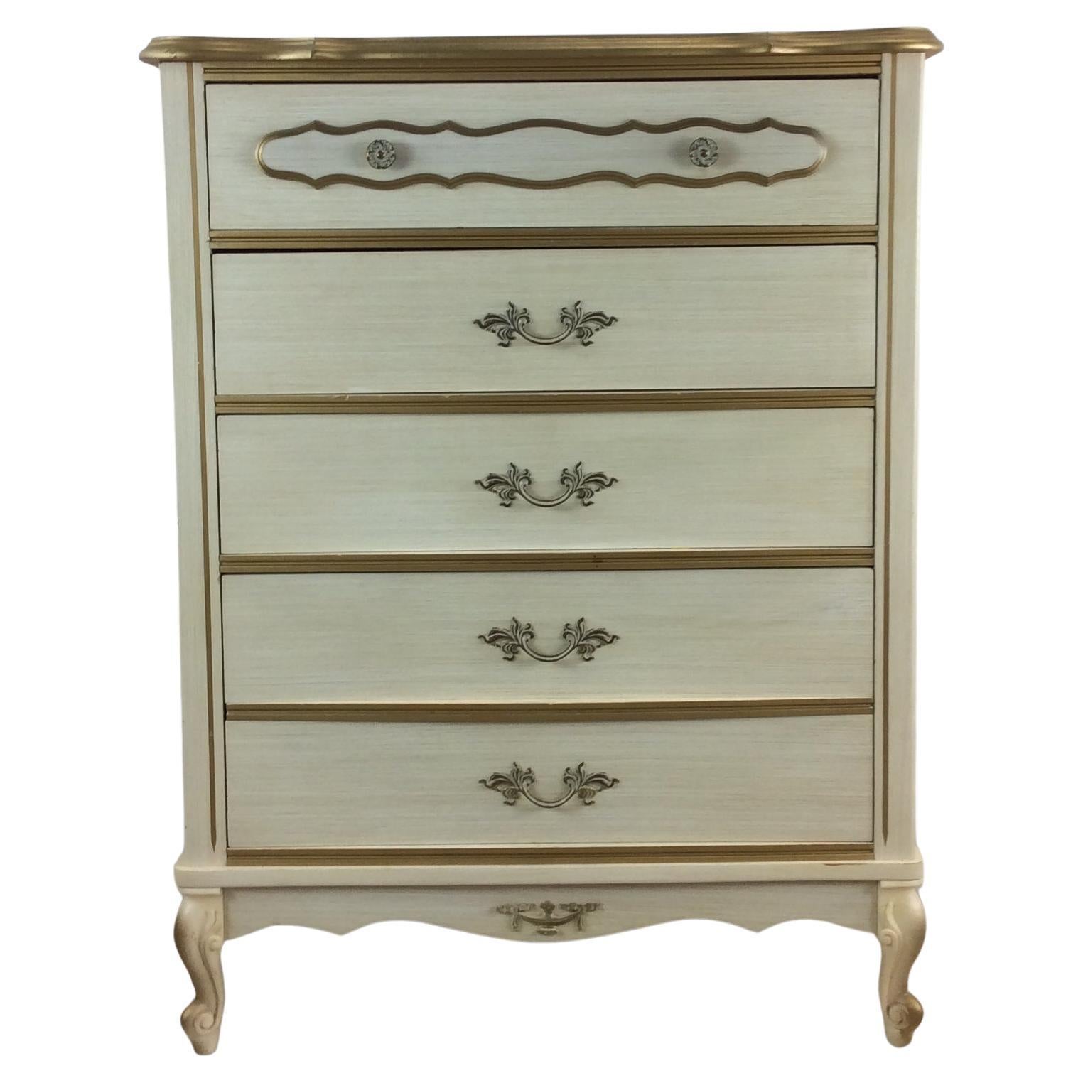 Mid Century French Provincial Style Highboy Dresser with 5 Drawers