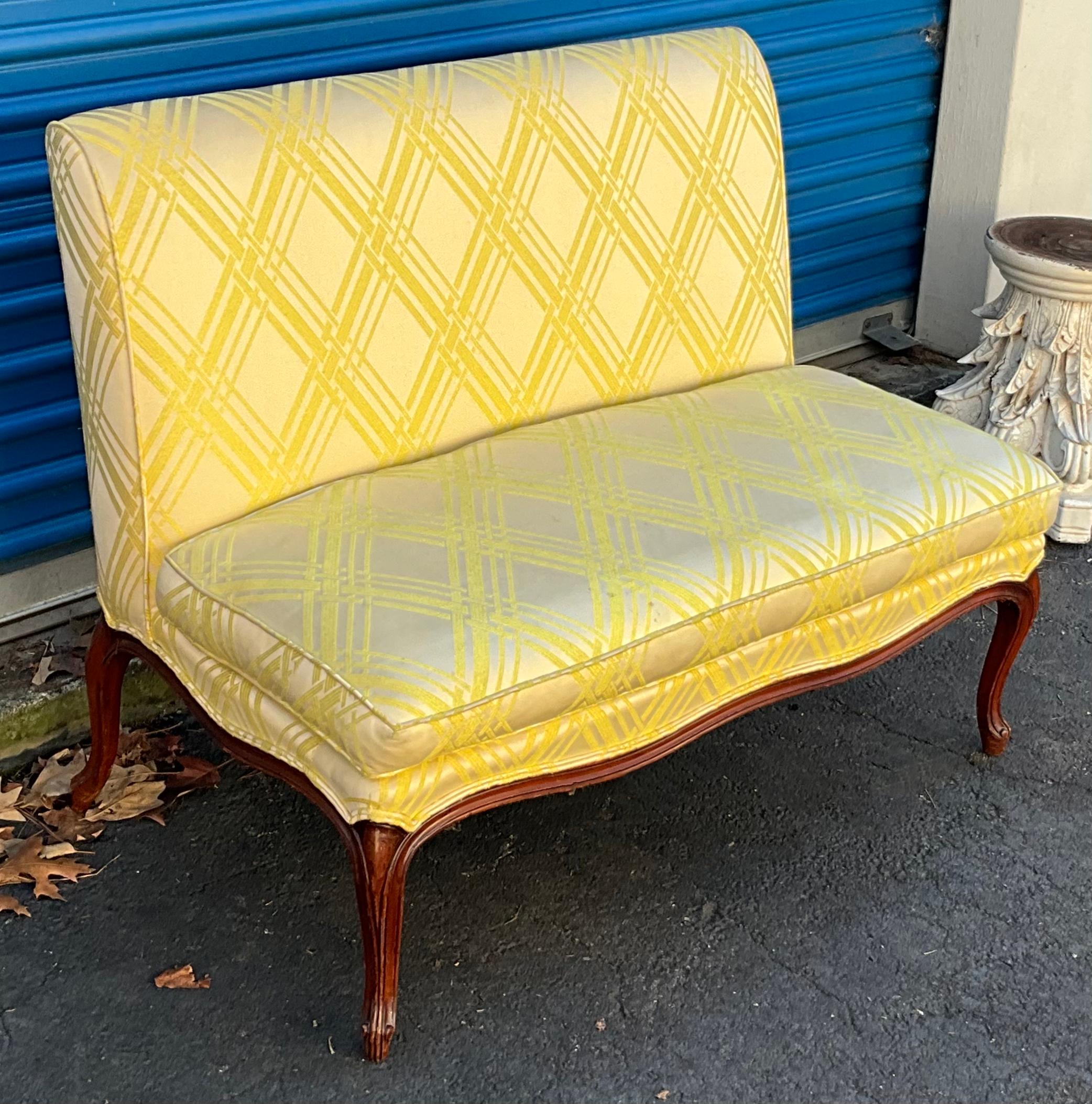 20th Century Midcentury French Provincial Style Settees in Regency Yellow, Pair For Sale