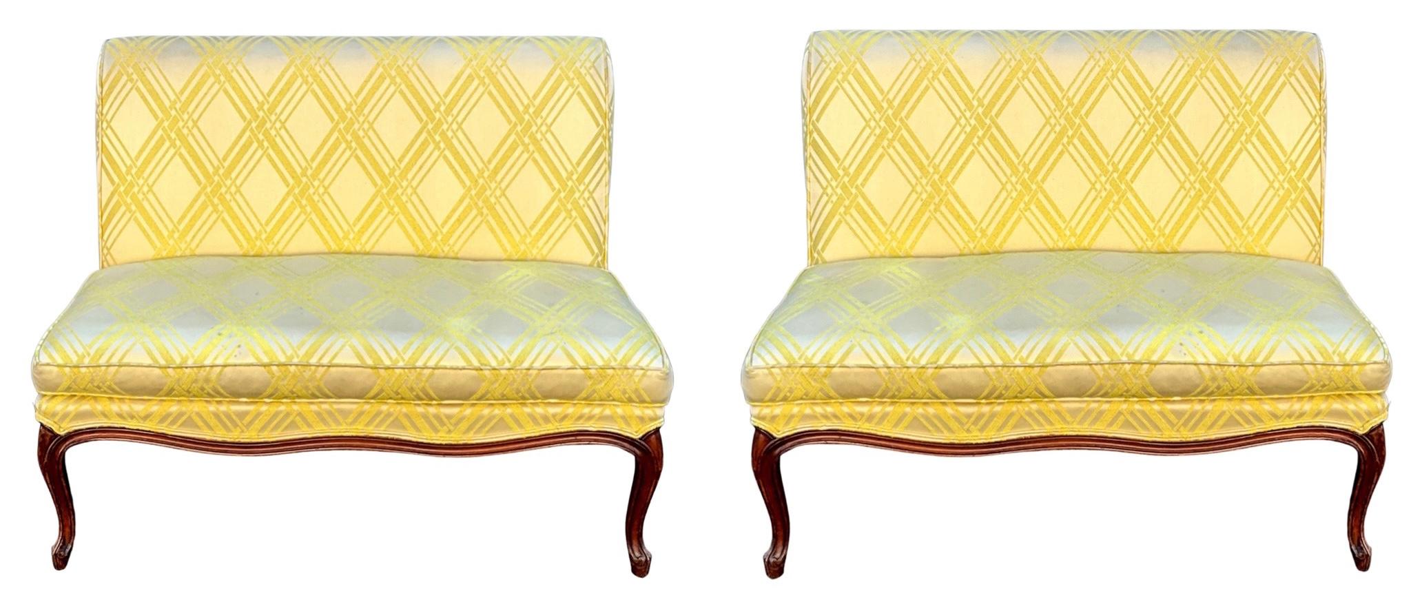 Silk Midcentury French Provincial Style Settees in Regency Yellow, Pair For Sale