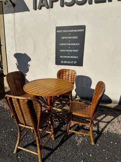 Mitte des Jahrhunderts Französisch Rattan und Kastanienholz Garten Set Tisch und Stühle, 1950er Jahre