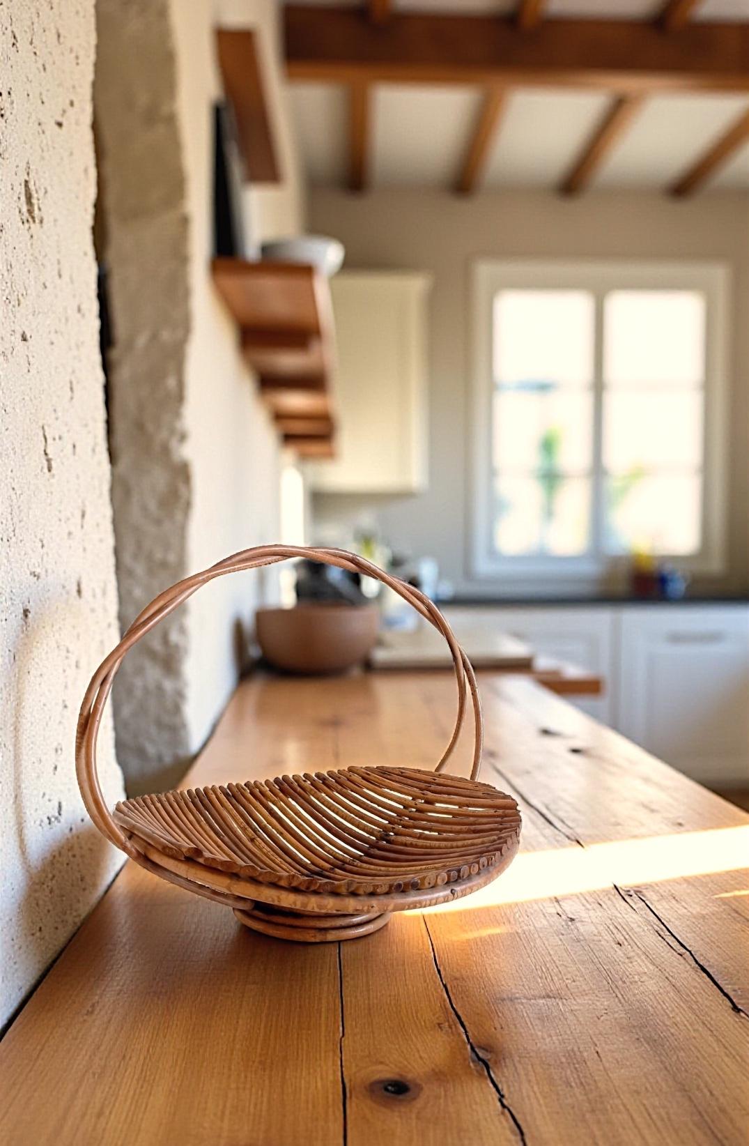 Grande cesto in rattan del Mid-Century con un robusto manico ad arco. Ben realizzato e versatile nell'uso.

Adatto come fruttiera, centrotavola o contenitore decorativo su una credenza o un mobile. Si adatta bene sia agli interni rustici che a