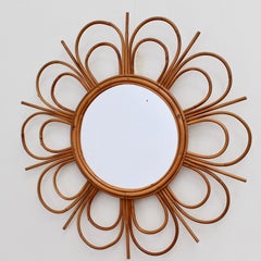 Midcentury French Rattan Flower-Shaped Wall Mirror, circa 1960s