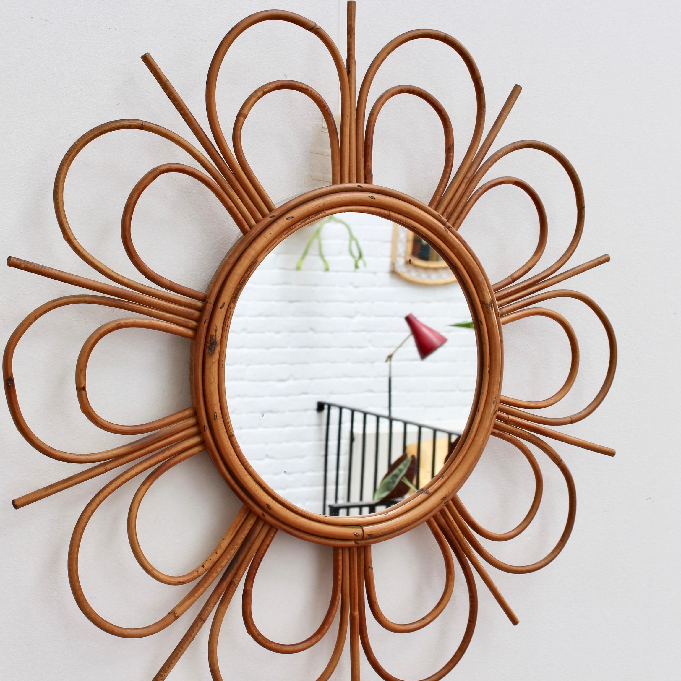 Mid-Century Modern Midcentury French Rattan Flower-Shaped Wall Mirror, circa 1960s