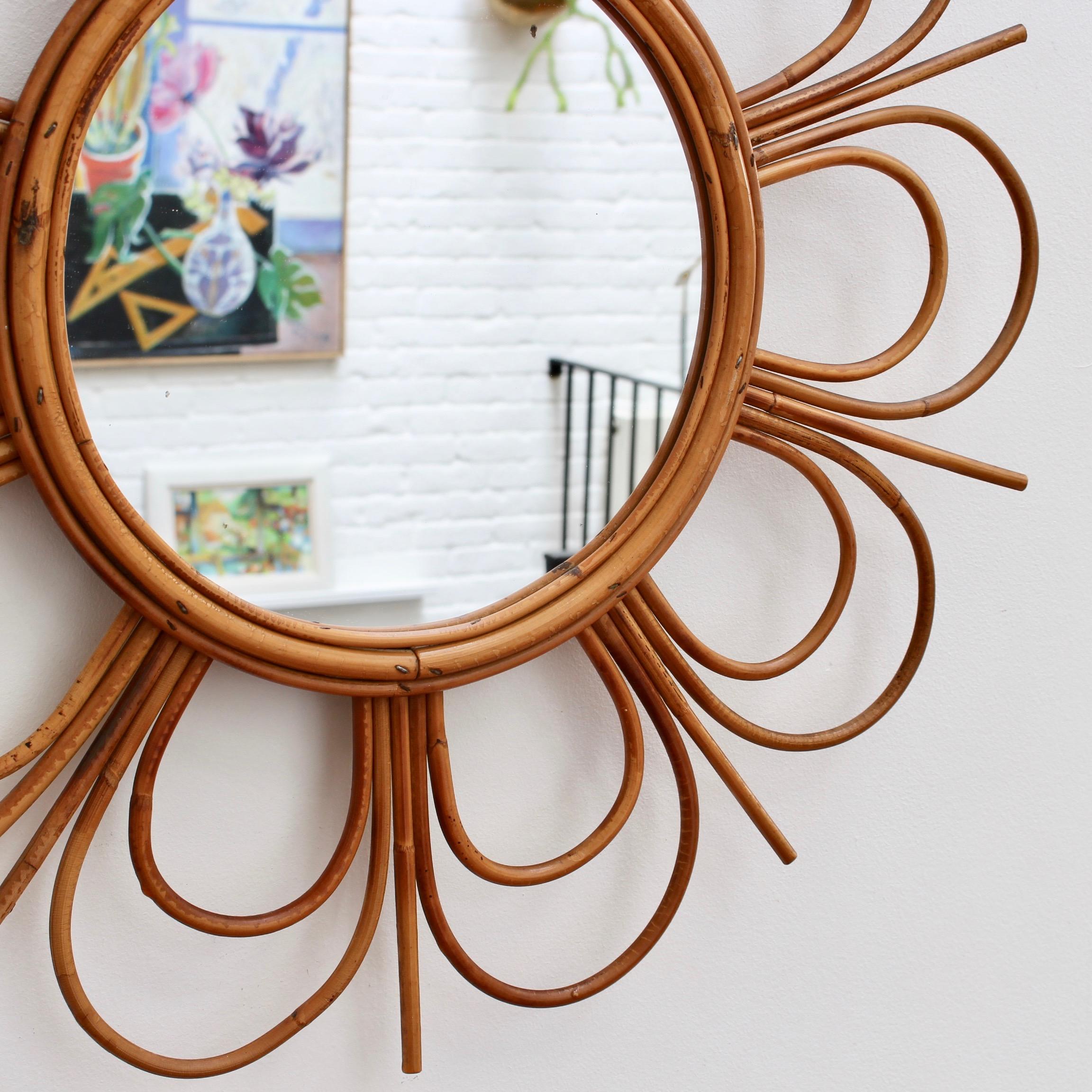 Midcentury French Rattan Flower-Shaped Wall Mirror, circa 1960s In Good Condition In London, GB