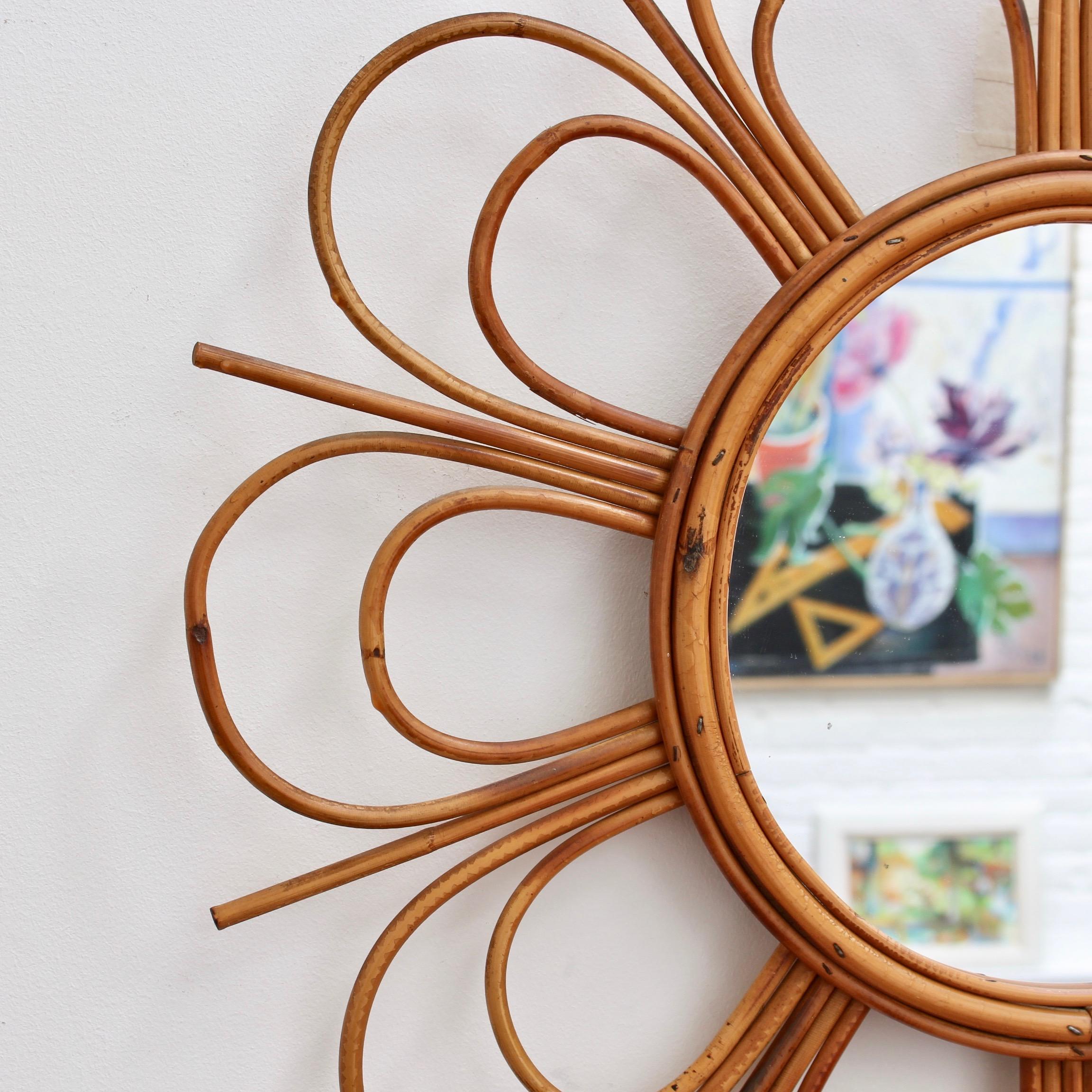 Mid-20th Century Midcentury French Rattan Flower-Shaped Wall Mirror, circa 1960s