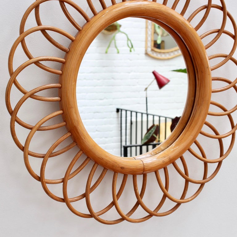 Midcentury French Rattan FlowerShaped Wall Mirror, circa 1960s at