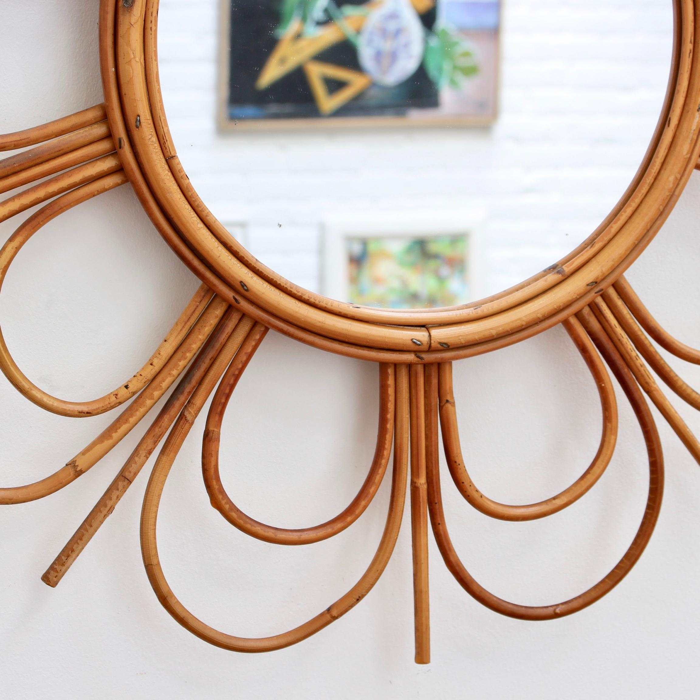 Midcentury French Rattan Flower-Shaped Wall Mirror, circa 1960s 1