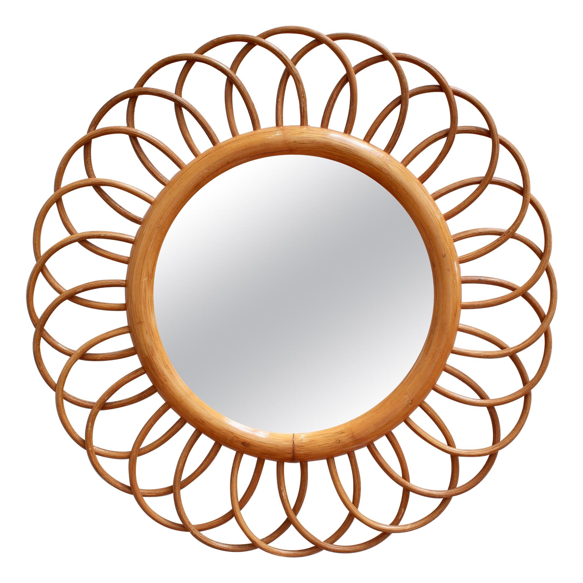 Midcentury French Rattan Flower-Shaped Wall Mirror, circa 1960s