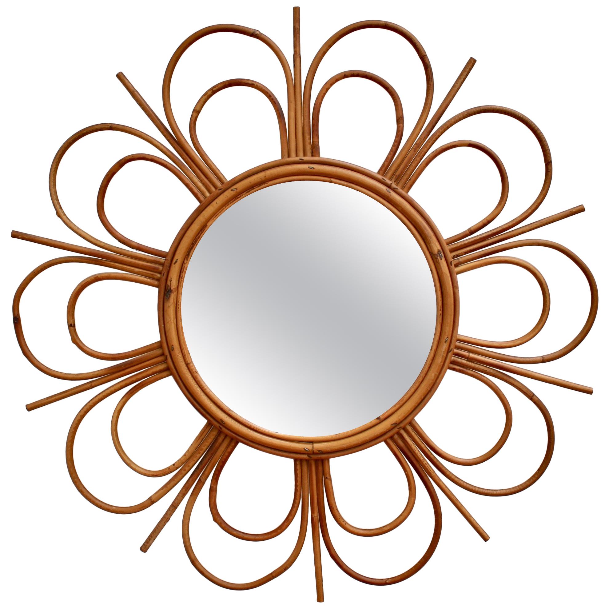Midcentury French Rattan Flower-Shaped Wall Mirror, circa 1960s
