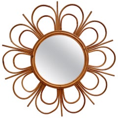 Midcentury French Rattan Flower-Shaped Wall Mirror, circa 1960s